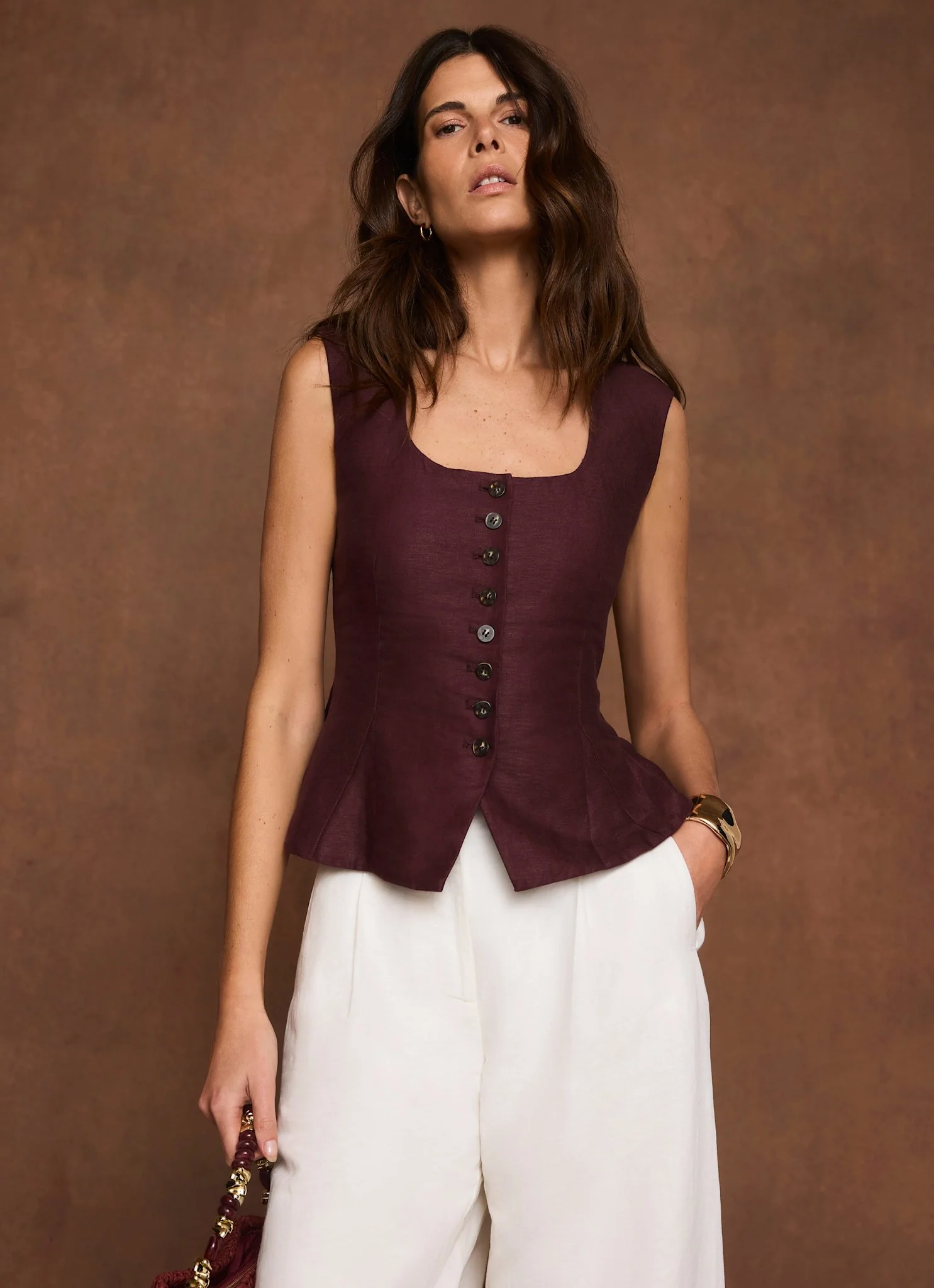 Burgundy Linen Blend Peplum Waistcoat - Image 3