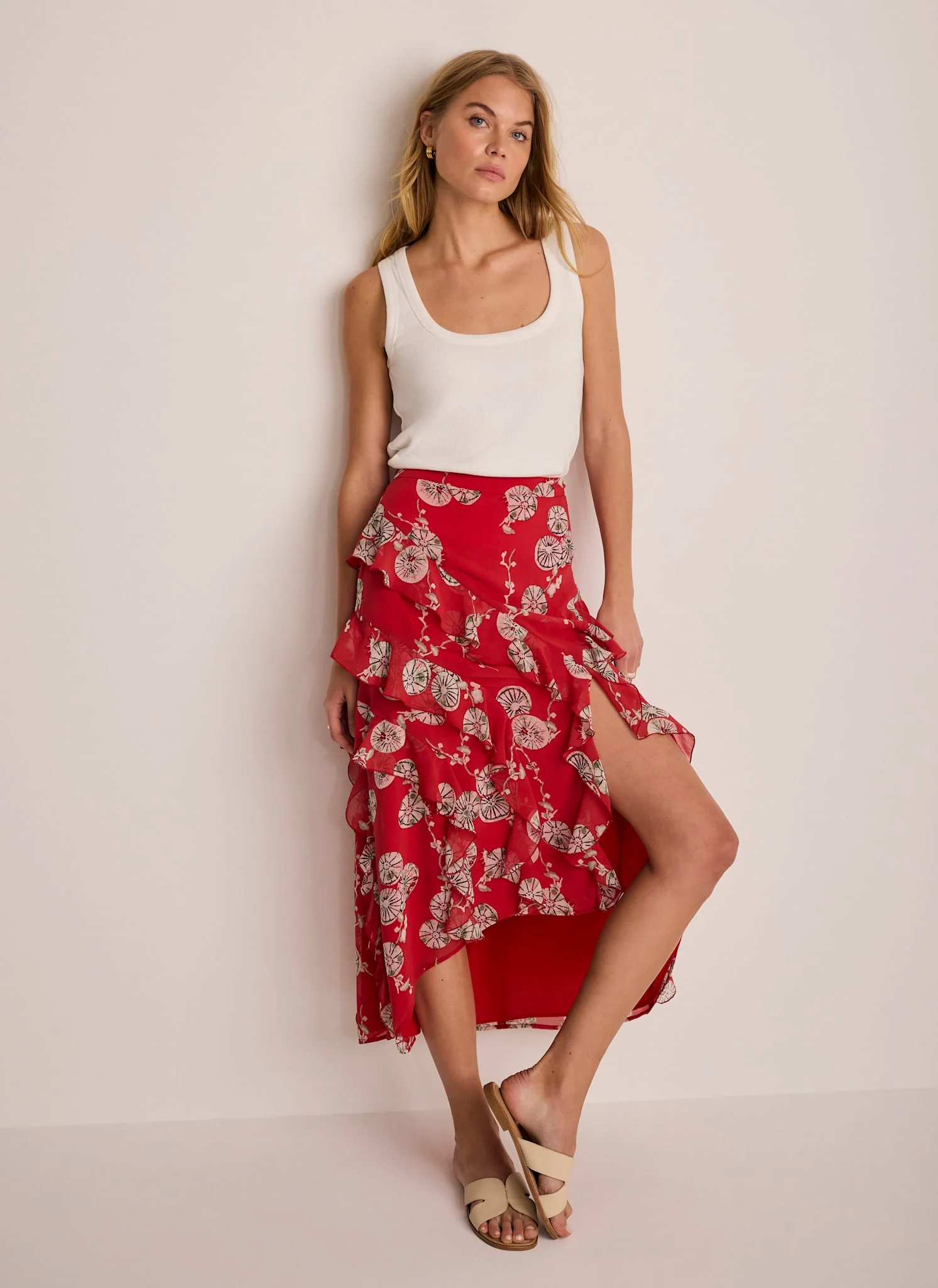 Red Printed Ruffle Maxi Skirt - Image 2