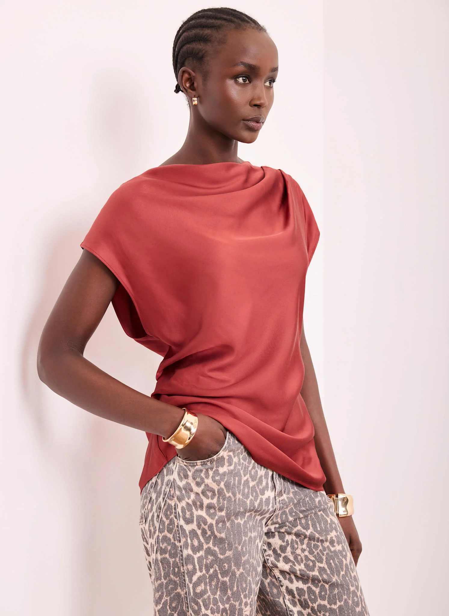 Red Satin Ruched Asymmetric Top - Image 2