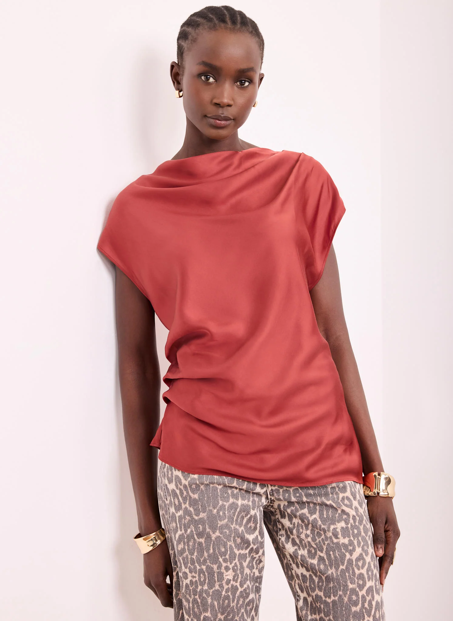 Red Satin Ruched Asymmetric Top - Image 3