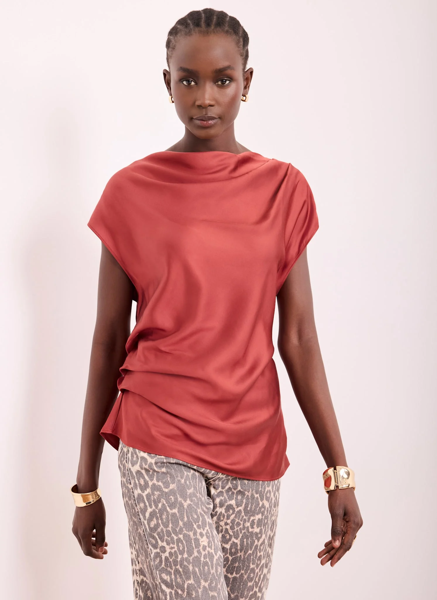 Red Satin Ruched Asymmetric Top - Image 6