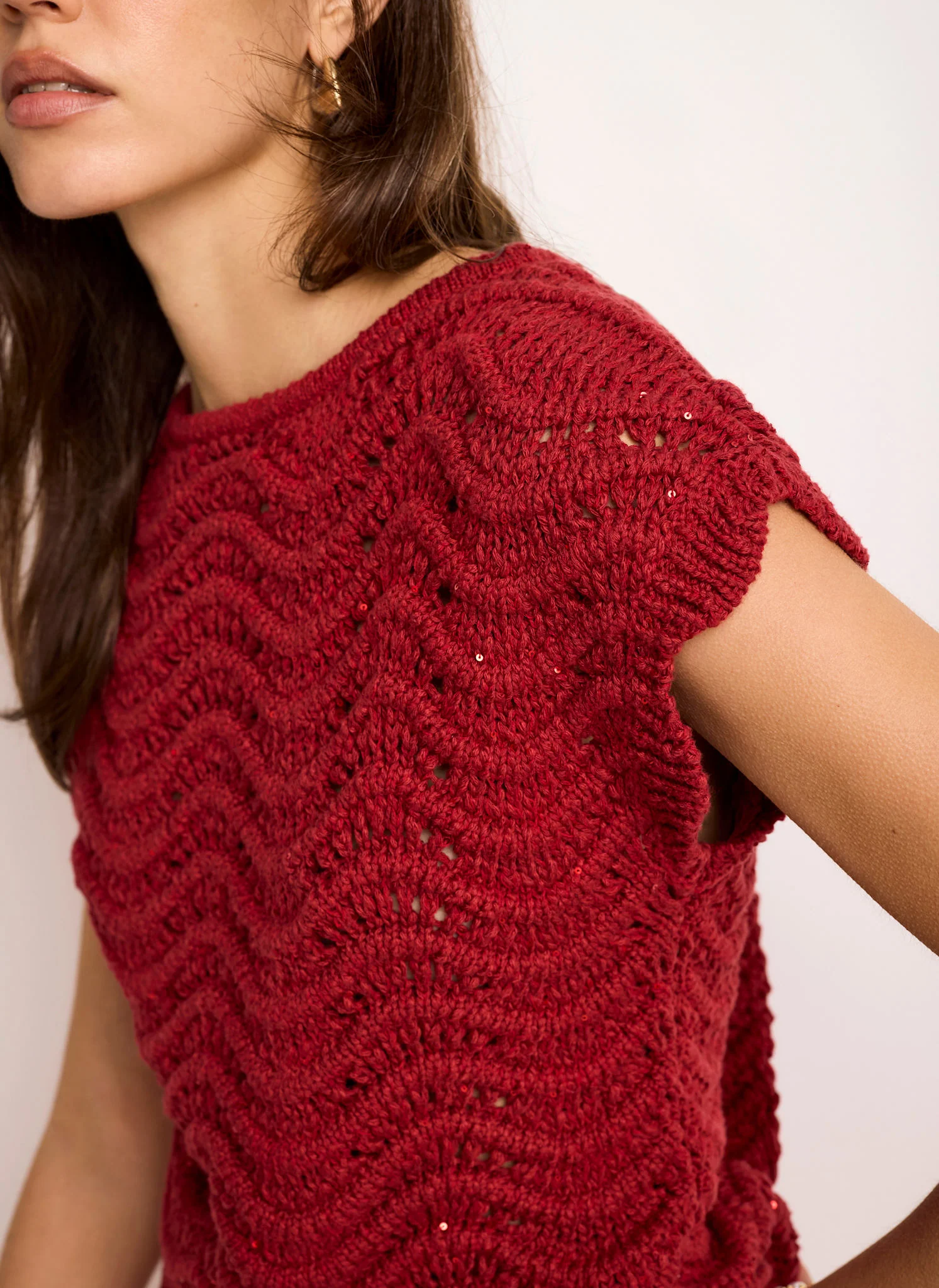 Red Embellished Crochet Knit Top - Image 3