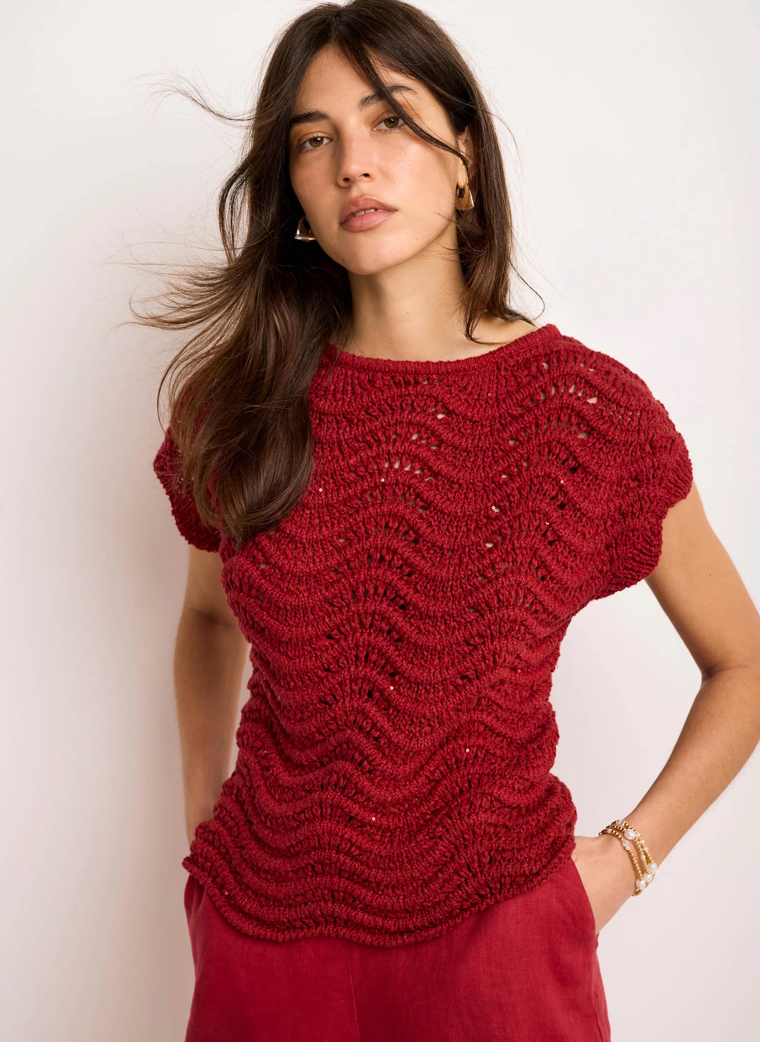 Red Embellished Crochet Knit Top - Image 4