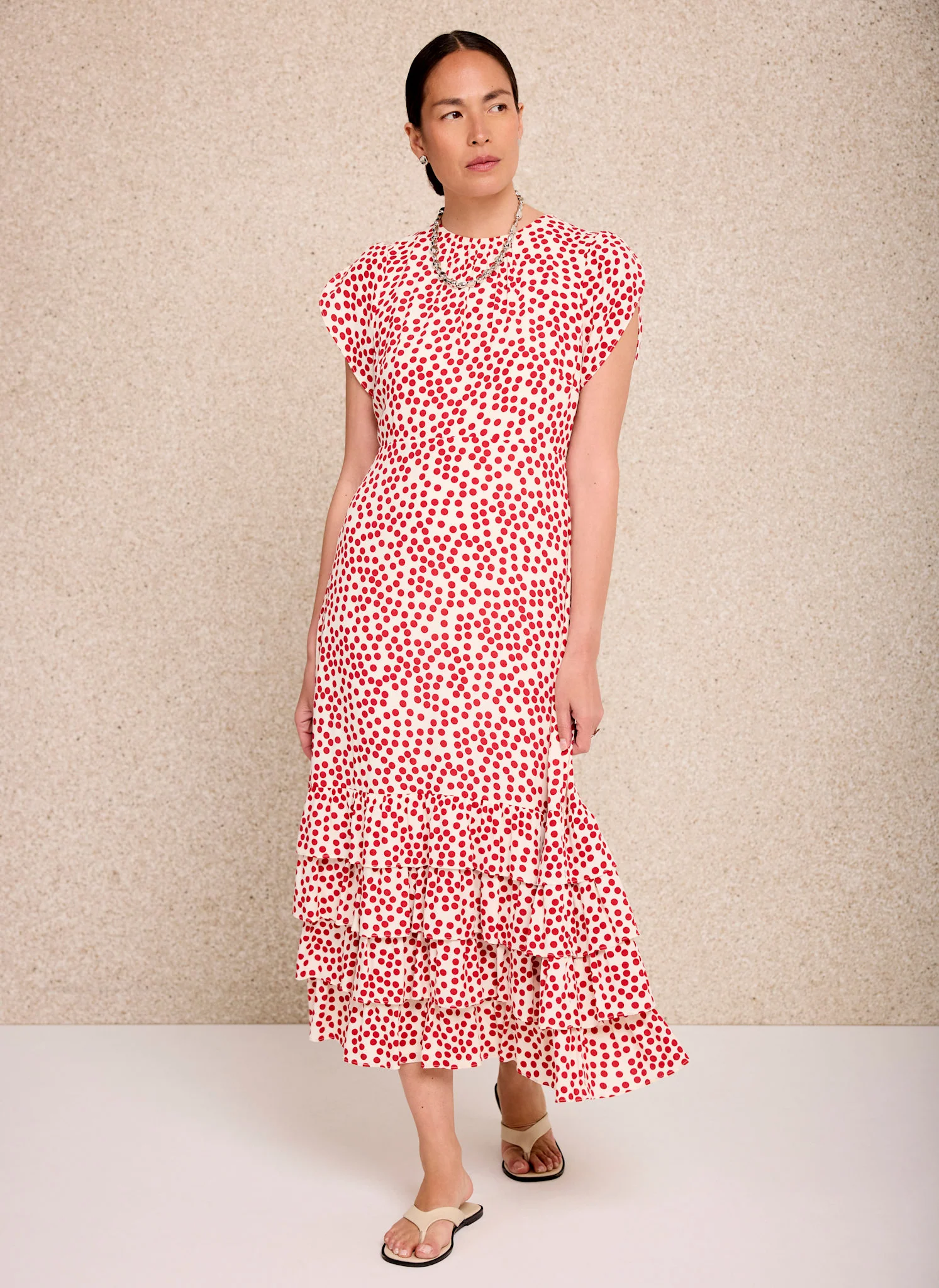 Red Polka Dot Ruffle Midi Dress - Image 2