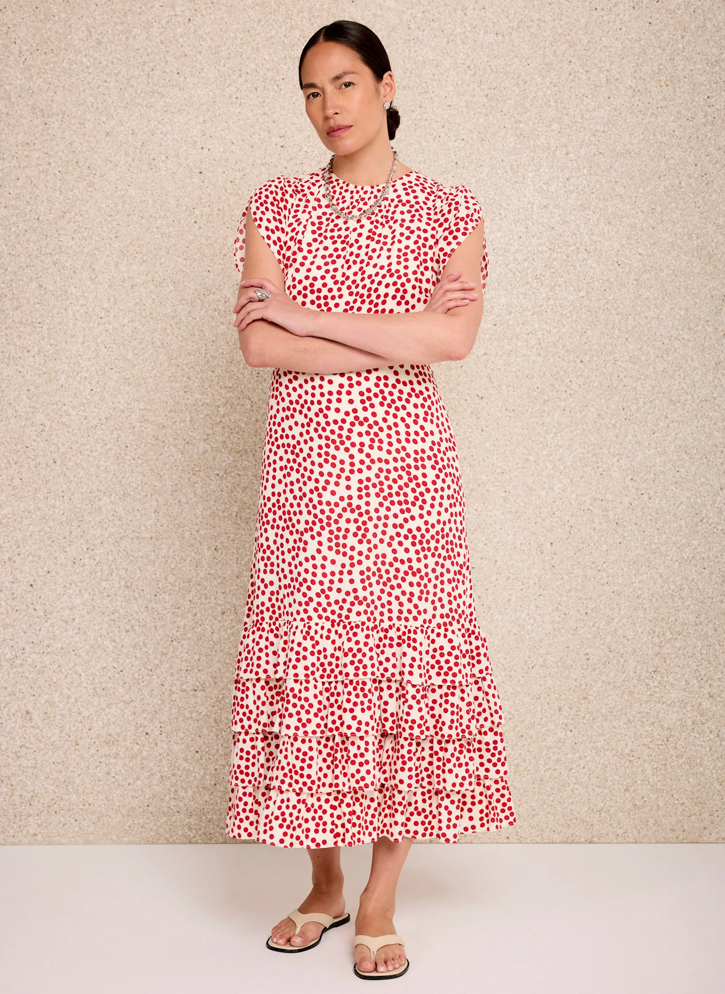 Red Polka Dot Ruffle Midi Dress - Image 3
