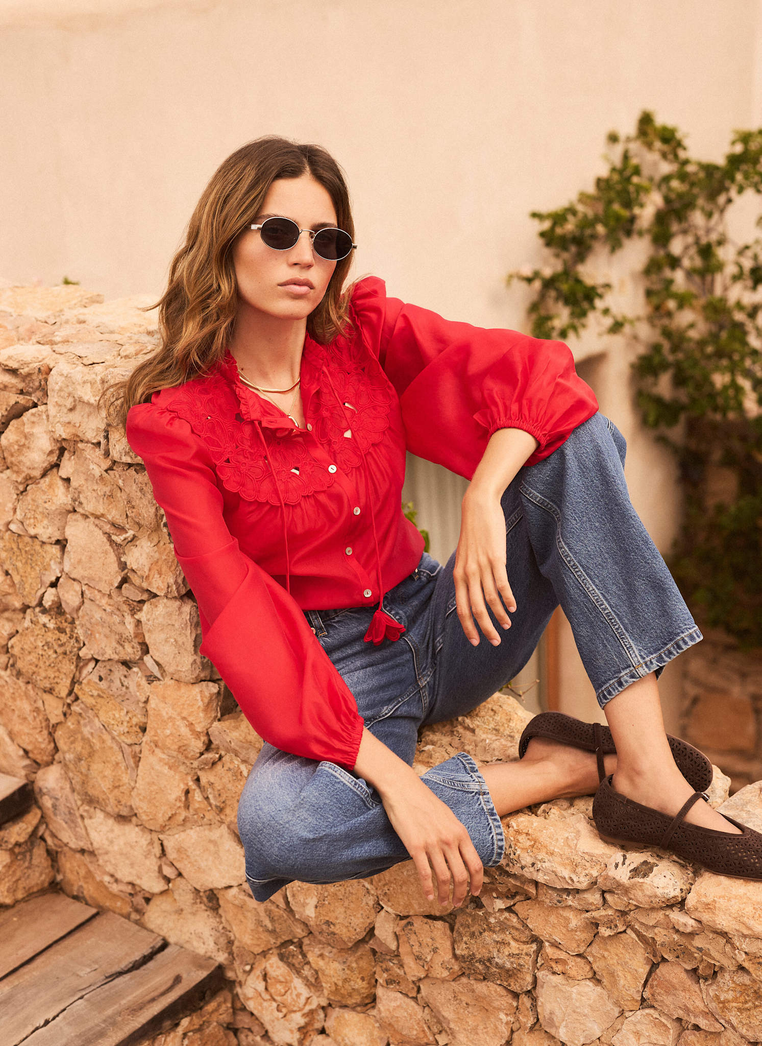 Red Floral Detail Cutwork Blouse - Image 2