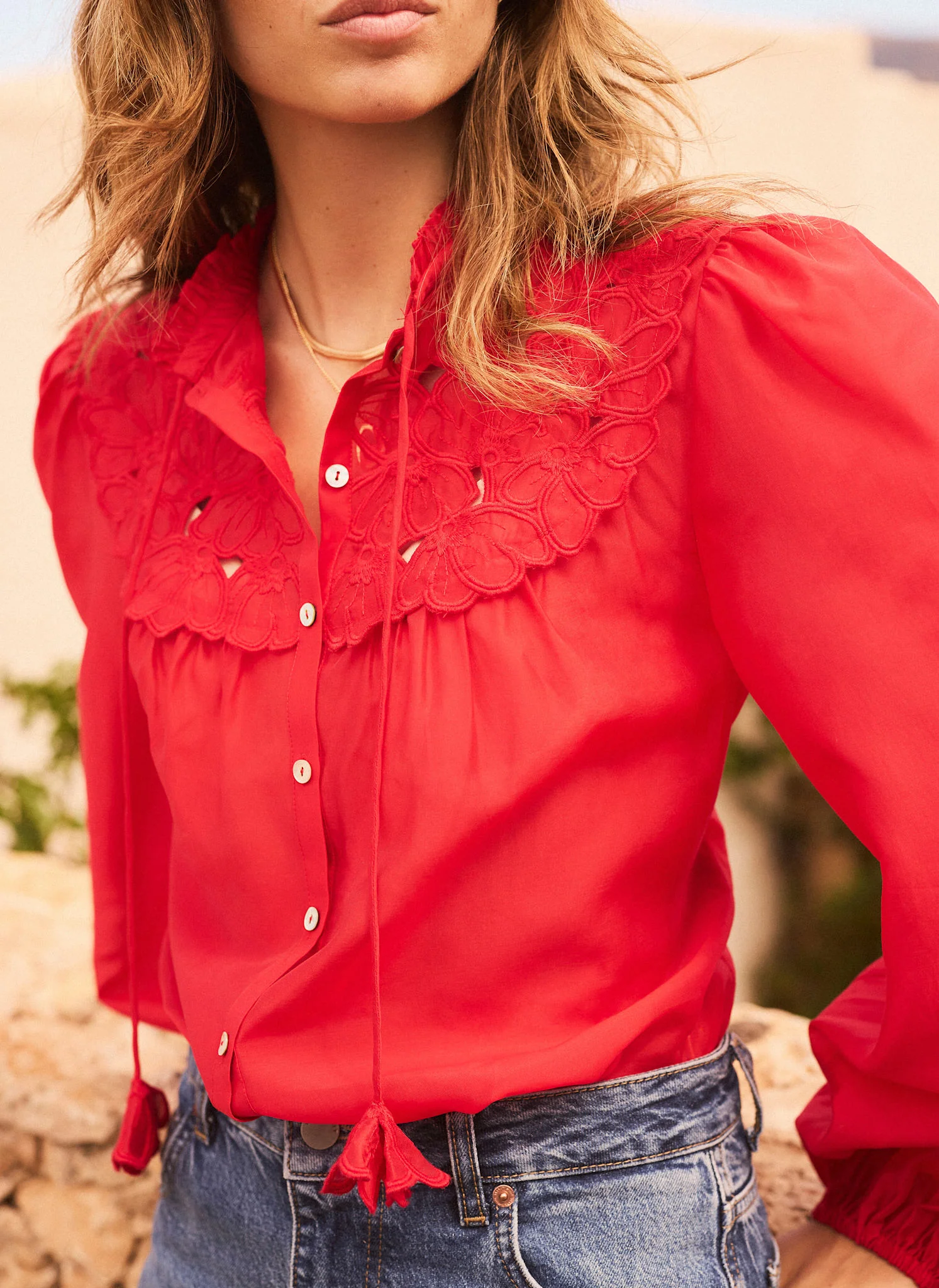 Red Floral Detail Cutwork Blouse - Image 3