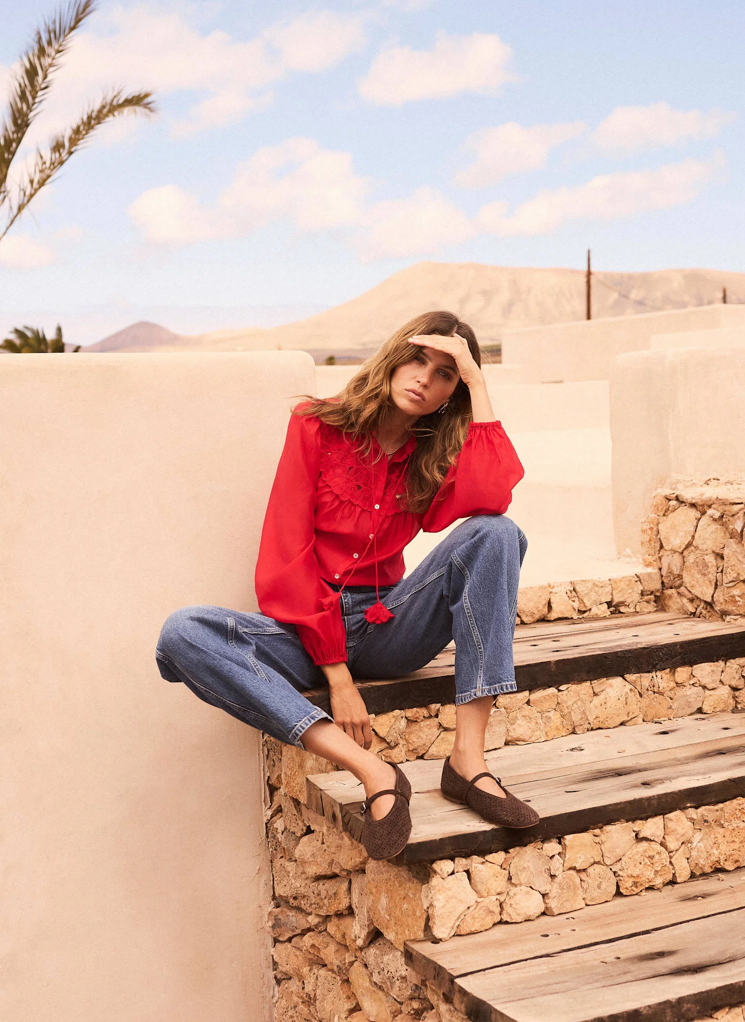 Red Floral Detail Cutwork Blouse - Image 4