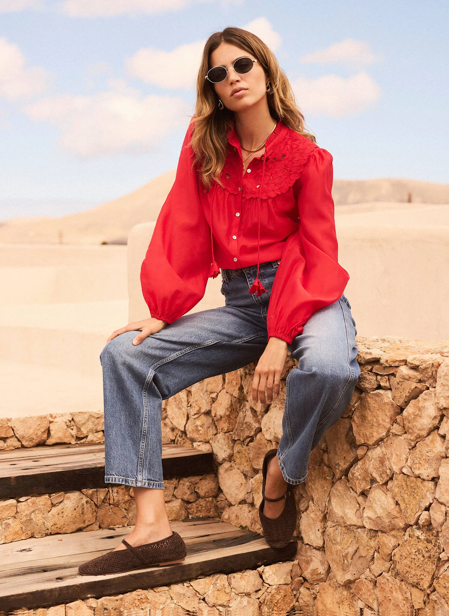 Red Floral Detail Cutwork Blouse - Image 5