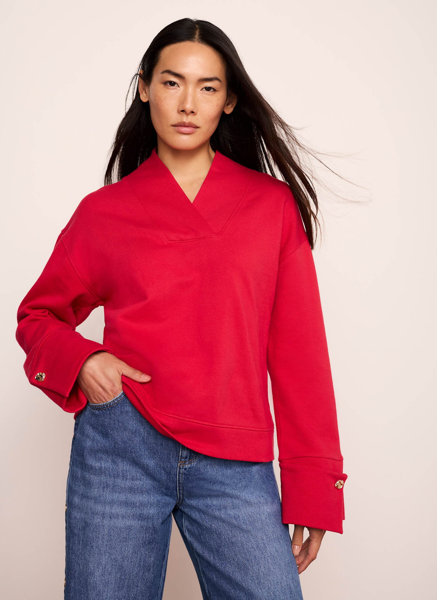 Red Cotton V-Neck Button Detail Sweatshirt - Image 3