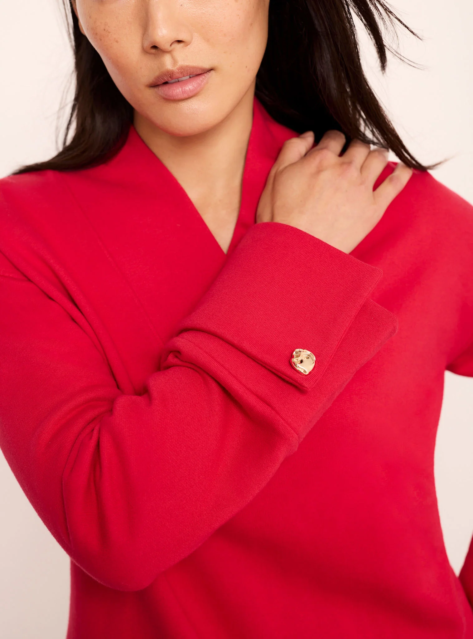 Red Cotton V-Neck Button Detail Sweatshirt - Image 5