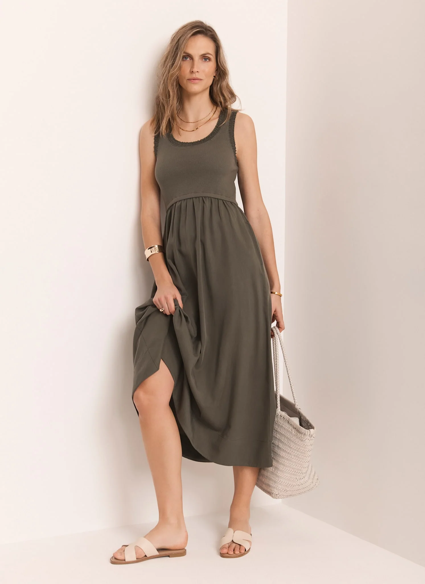 Khaki Ruched Trim Cotton Midi Dress - Image 4