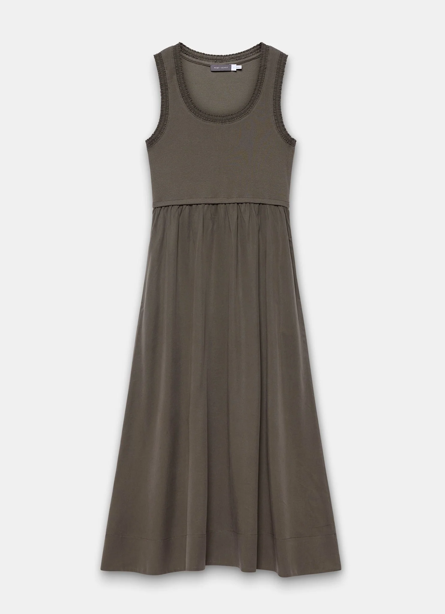Khaki Ruched Trim Cotton Midi Dress - Image 6