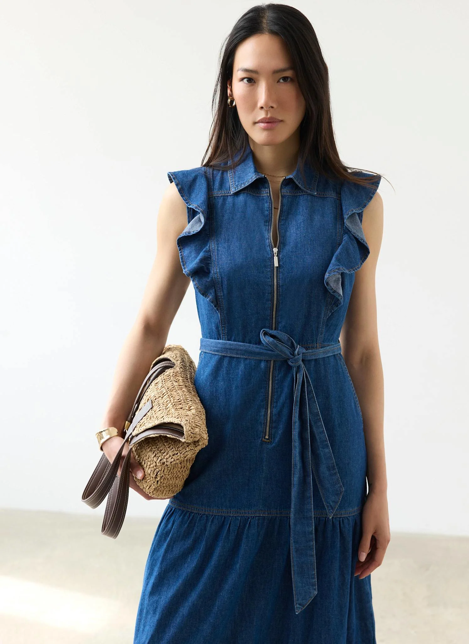 Indigo Denim Ruffle Maxi Shirt Dress - Image 3