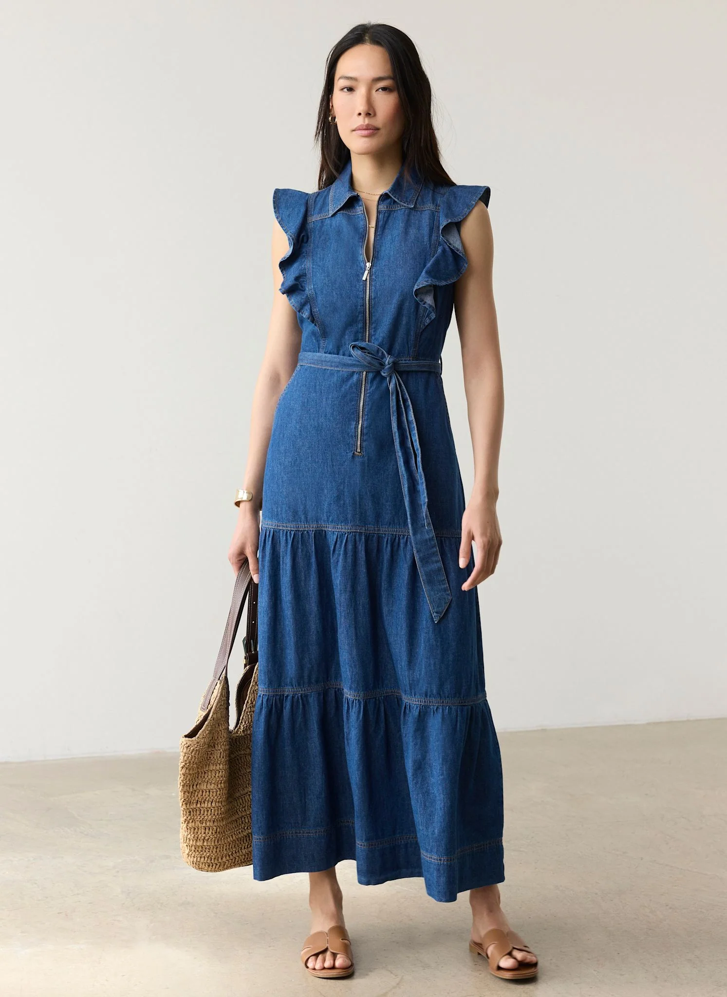 Indigo Denim Ruffle Maxi Shirt Dress - Image 4