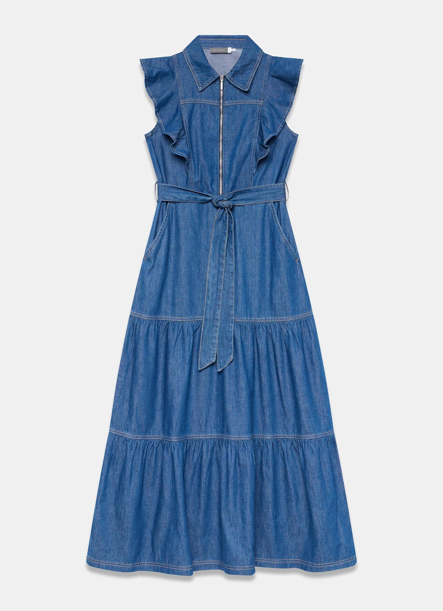 Indigo Denim Ruffle Maxi Shirt Dress - Image 6