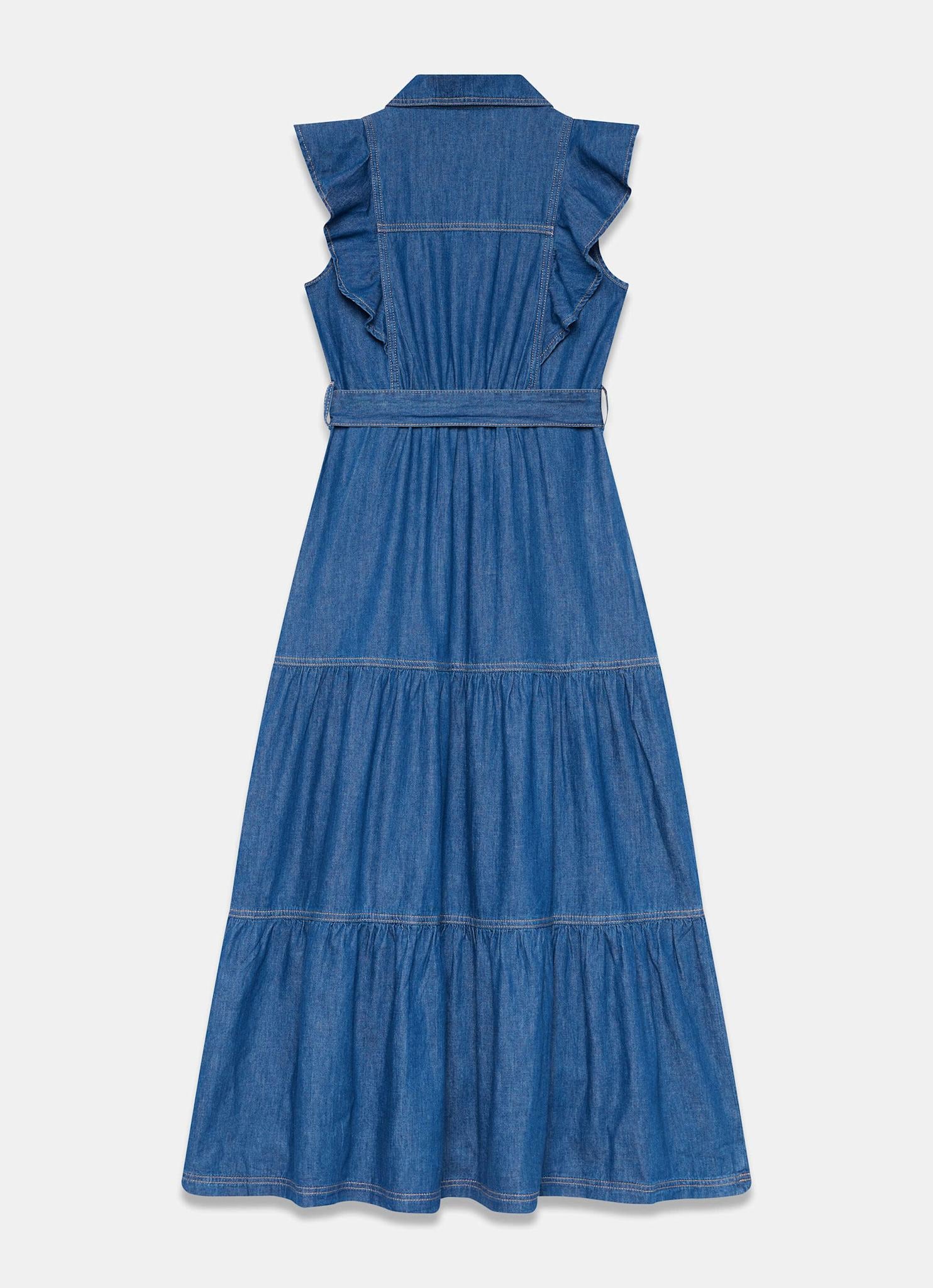 Indigo Denim Ruffle Maxi Shirt Dress - Image 7