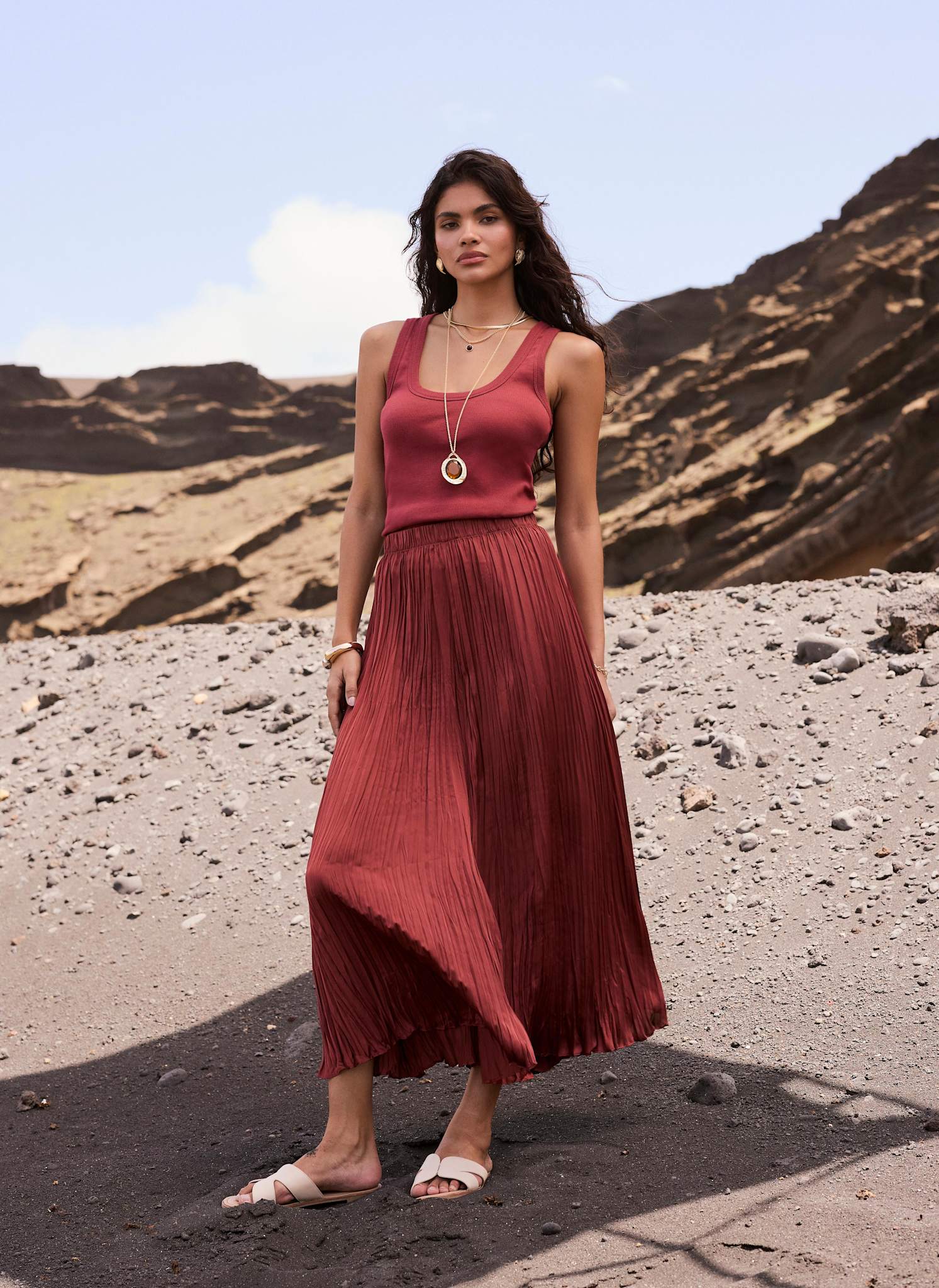 Rust Red Crinkle Maxi Skirt