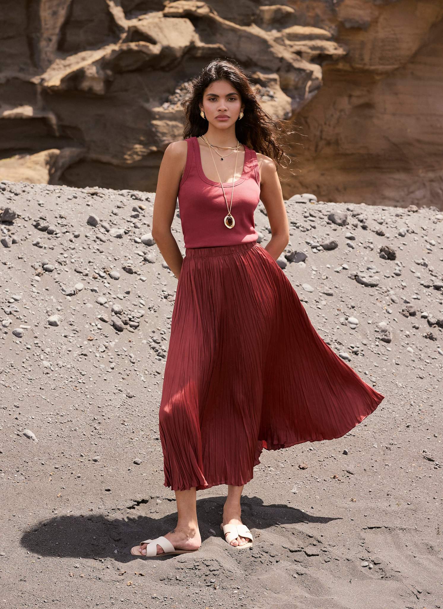 Rust Red Crinkle Maxi Skirt - Image 3