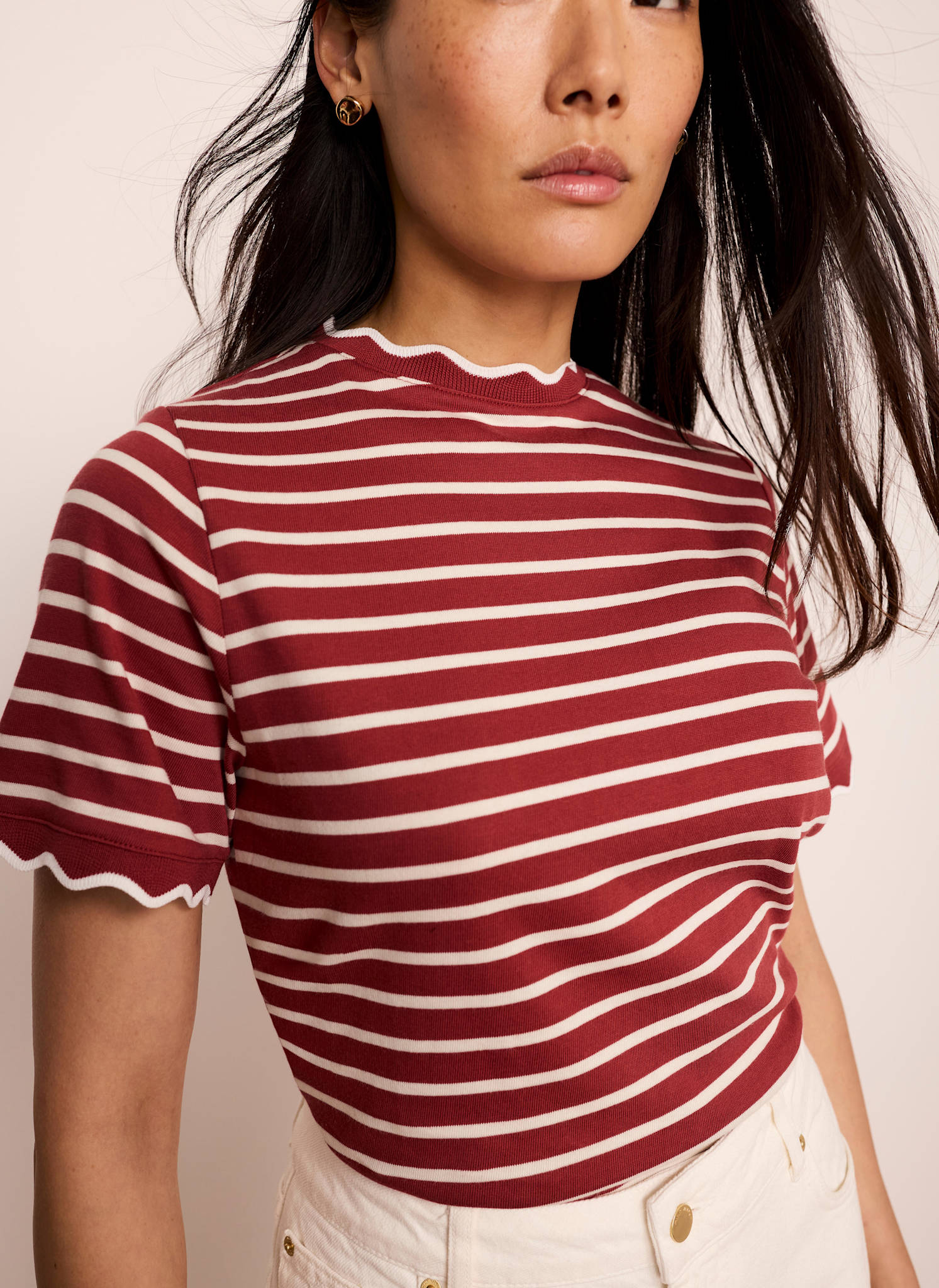 Red Cotton Striped Scallop T-Shirt - Image 3