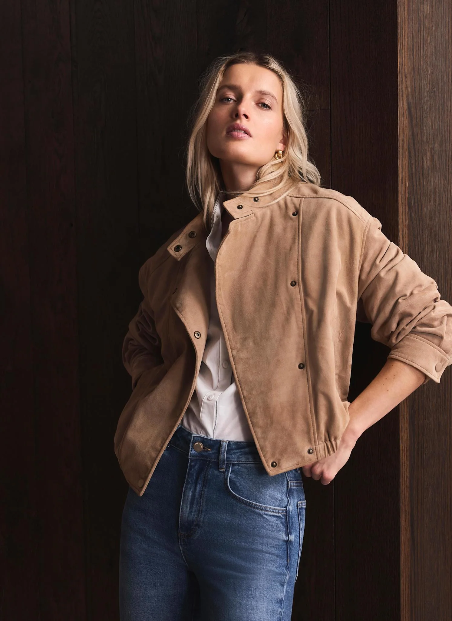 Neutral Suede Cropped Pilot Bomber Jacket - Image 2