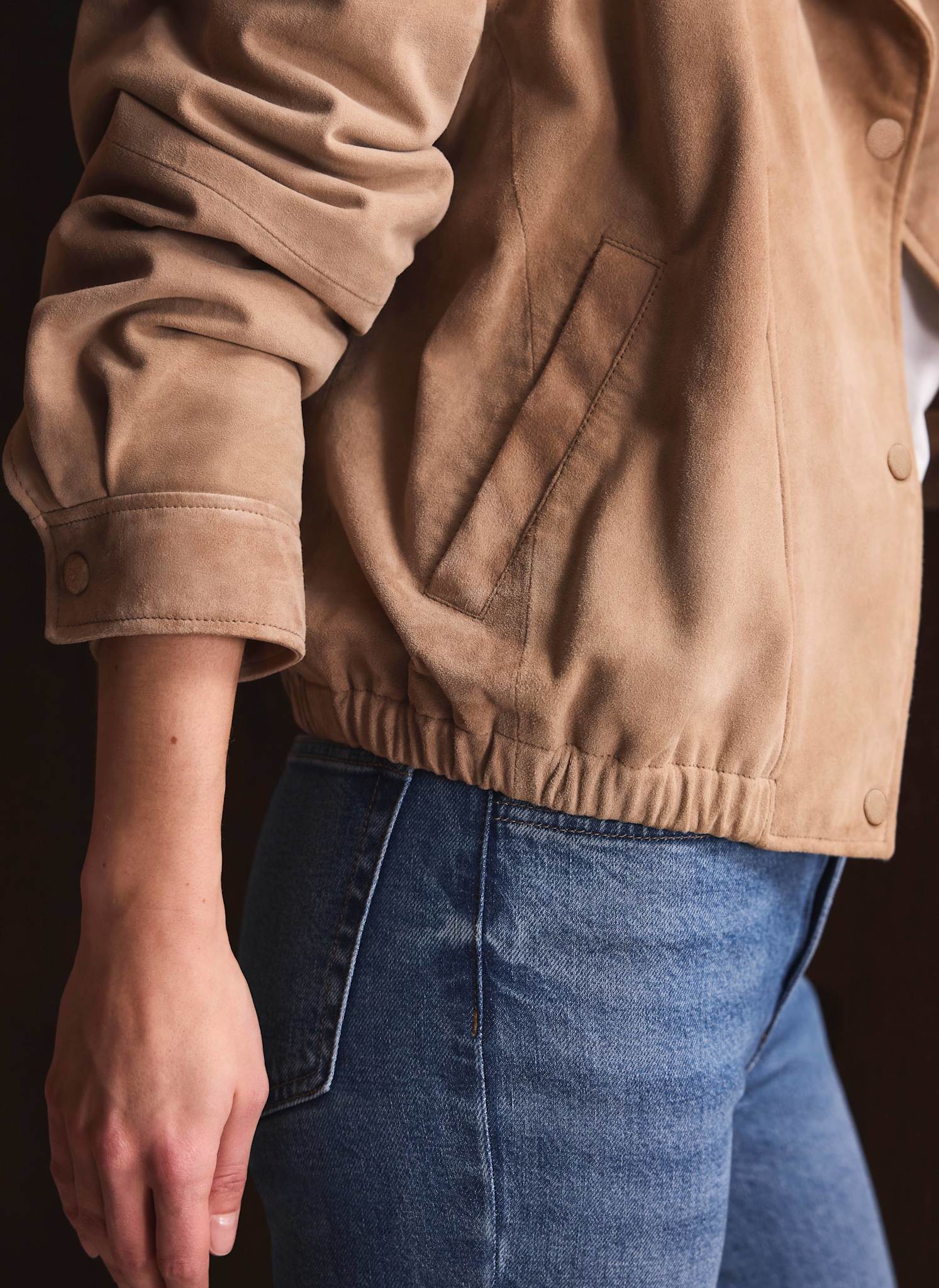 Neutral Suede Cropped Pilot Bomber Jacket - Image 4