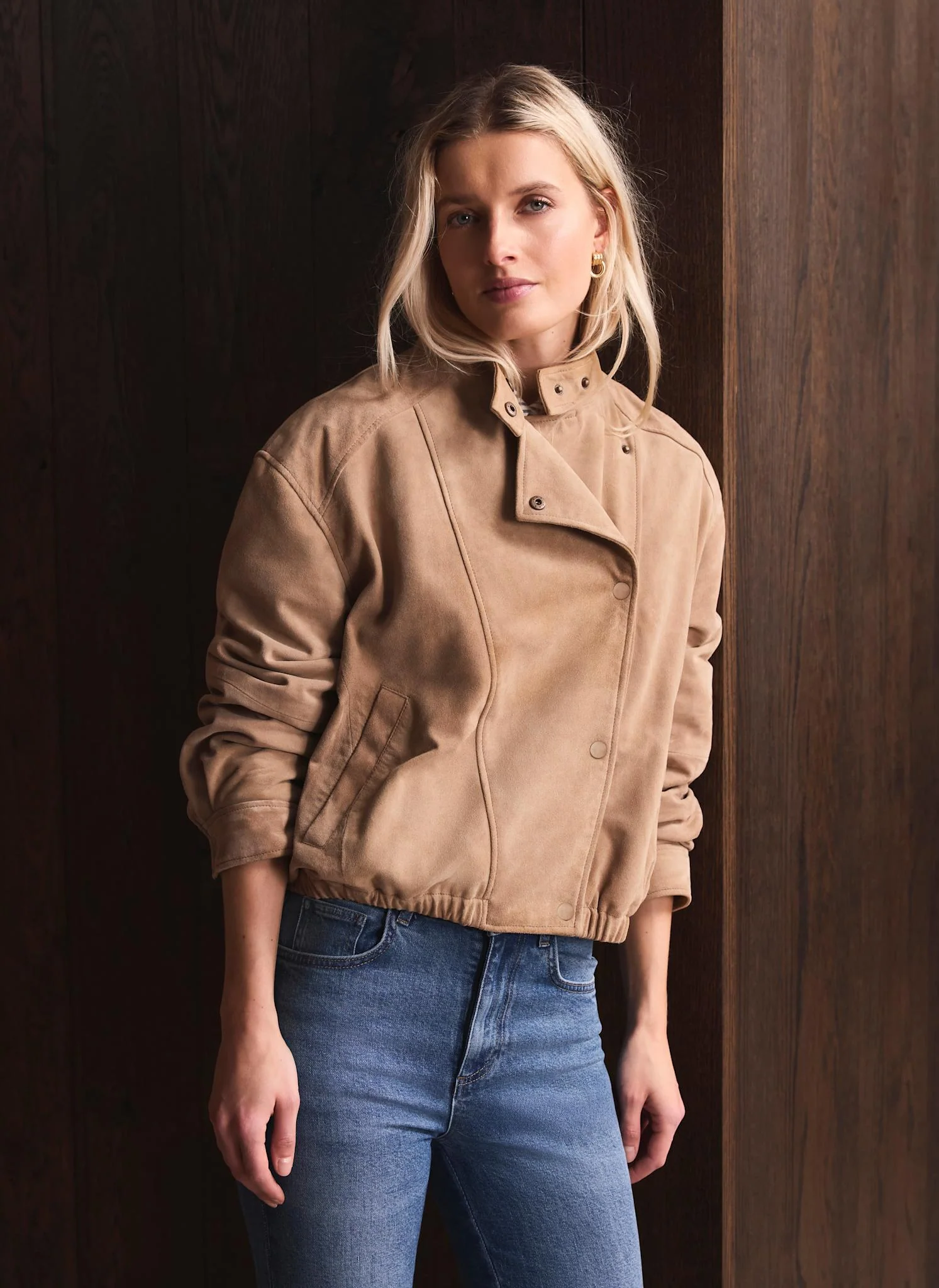 Neutral Suede Cropped Pilot Bomber Jacket - Image 5