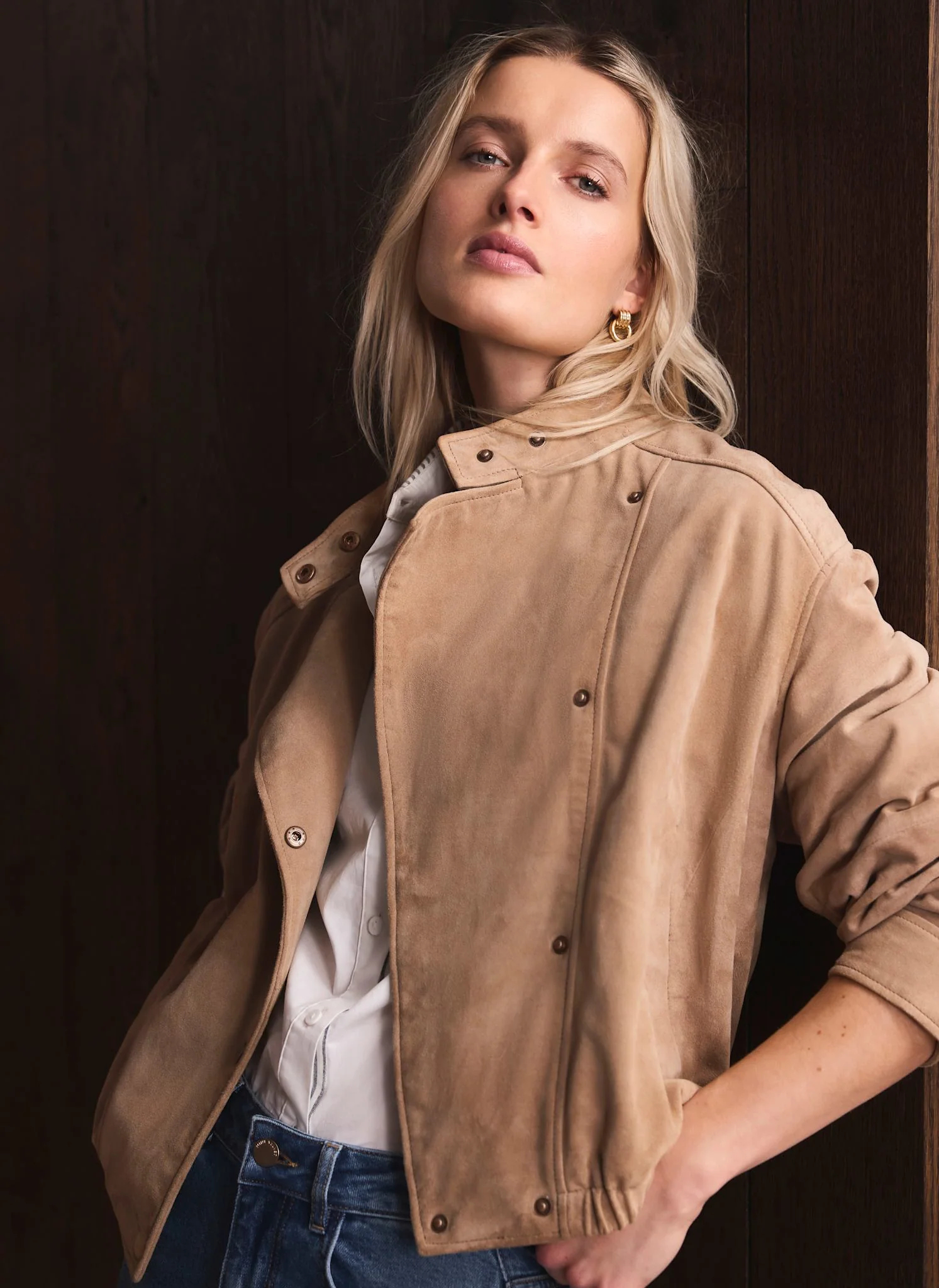 Neutral Suede Cropped Pilot Bomber Jacket - Image 6
