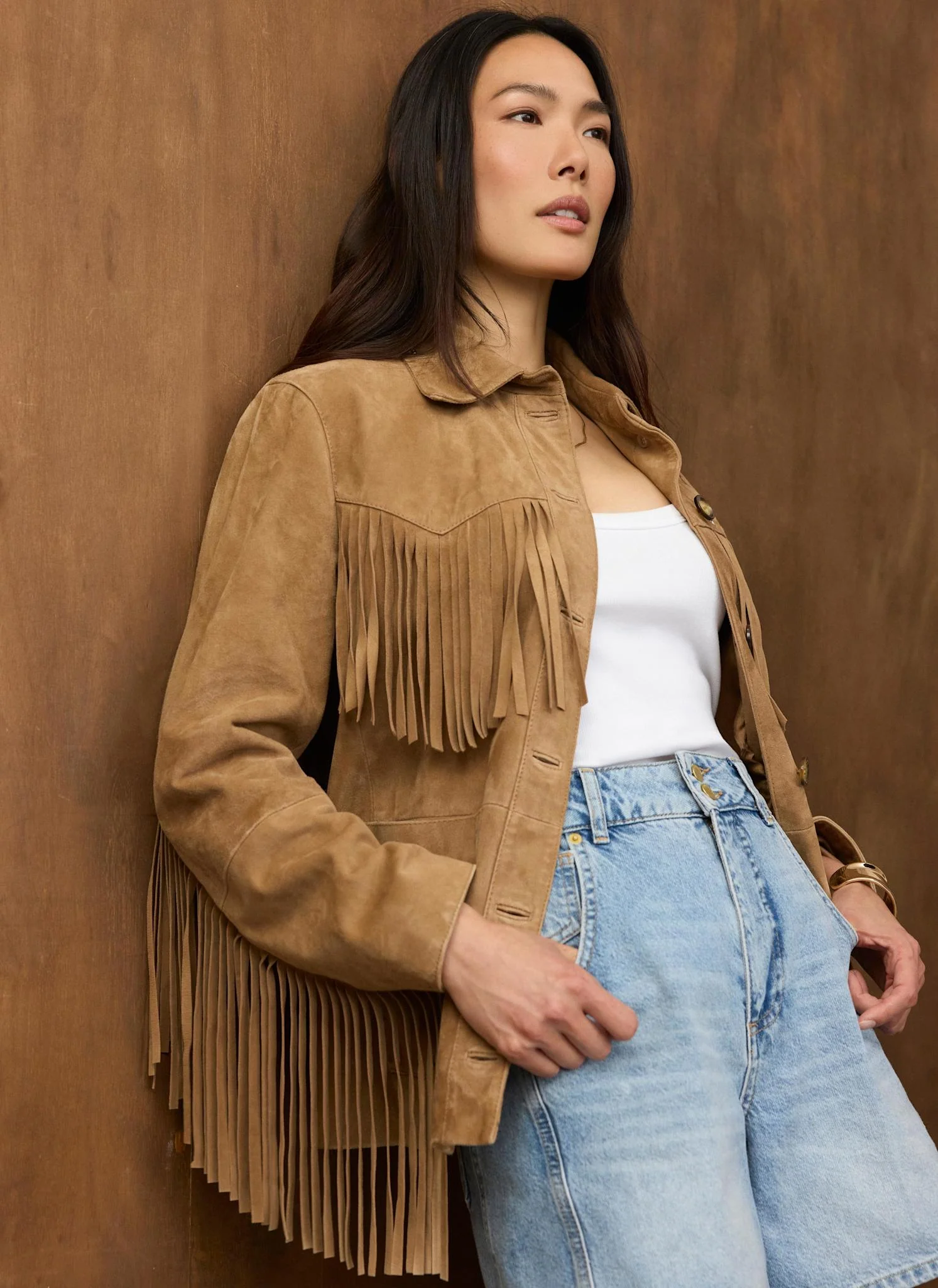 Neutral Suede Fringe Shacket - Image 3