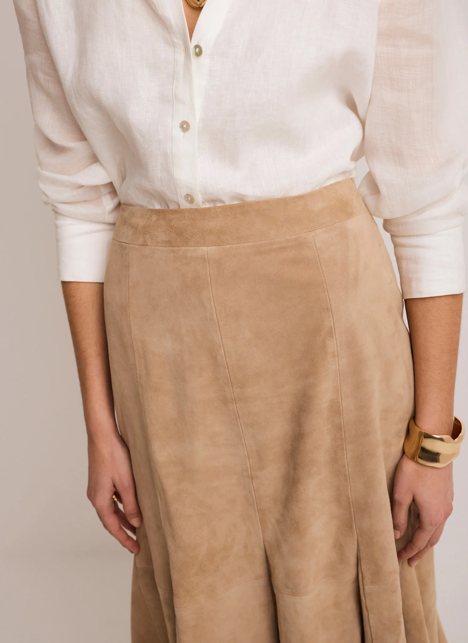 Neutral Suede Godet Midi Skirt - Image 5