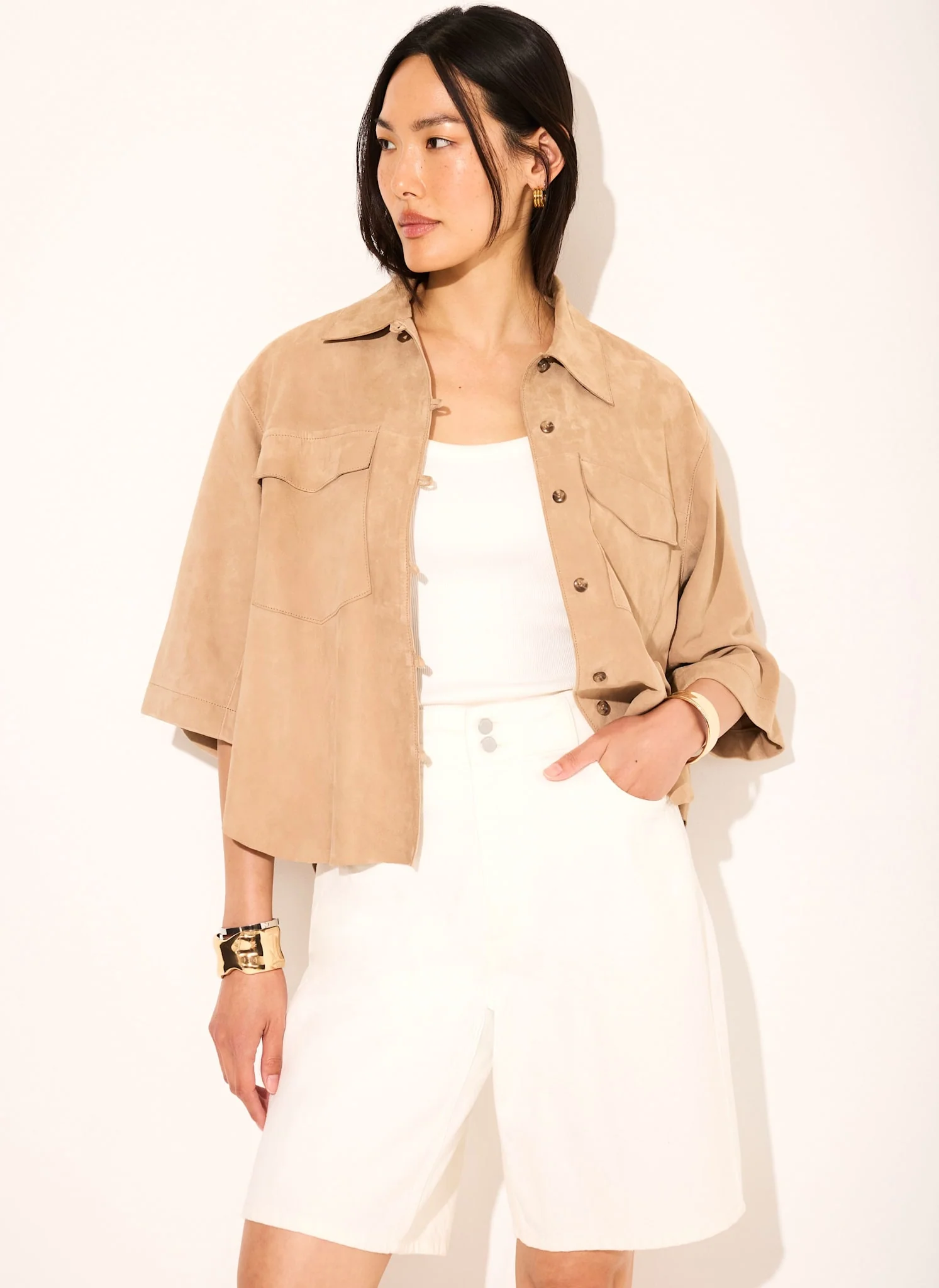 Neutral Suede Oversized Shirt - Image 3