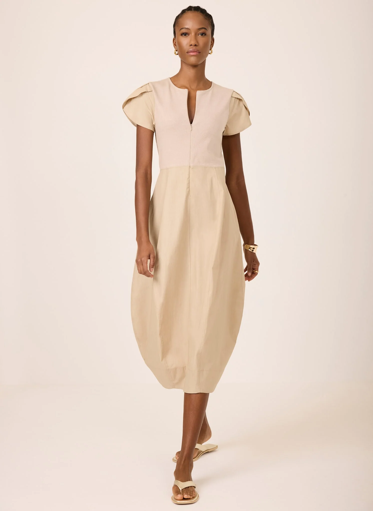 Neutral Cotton Blend Tulip Hem Midi Dress