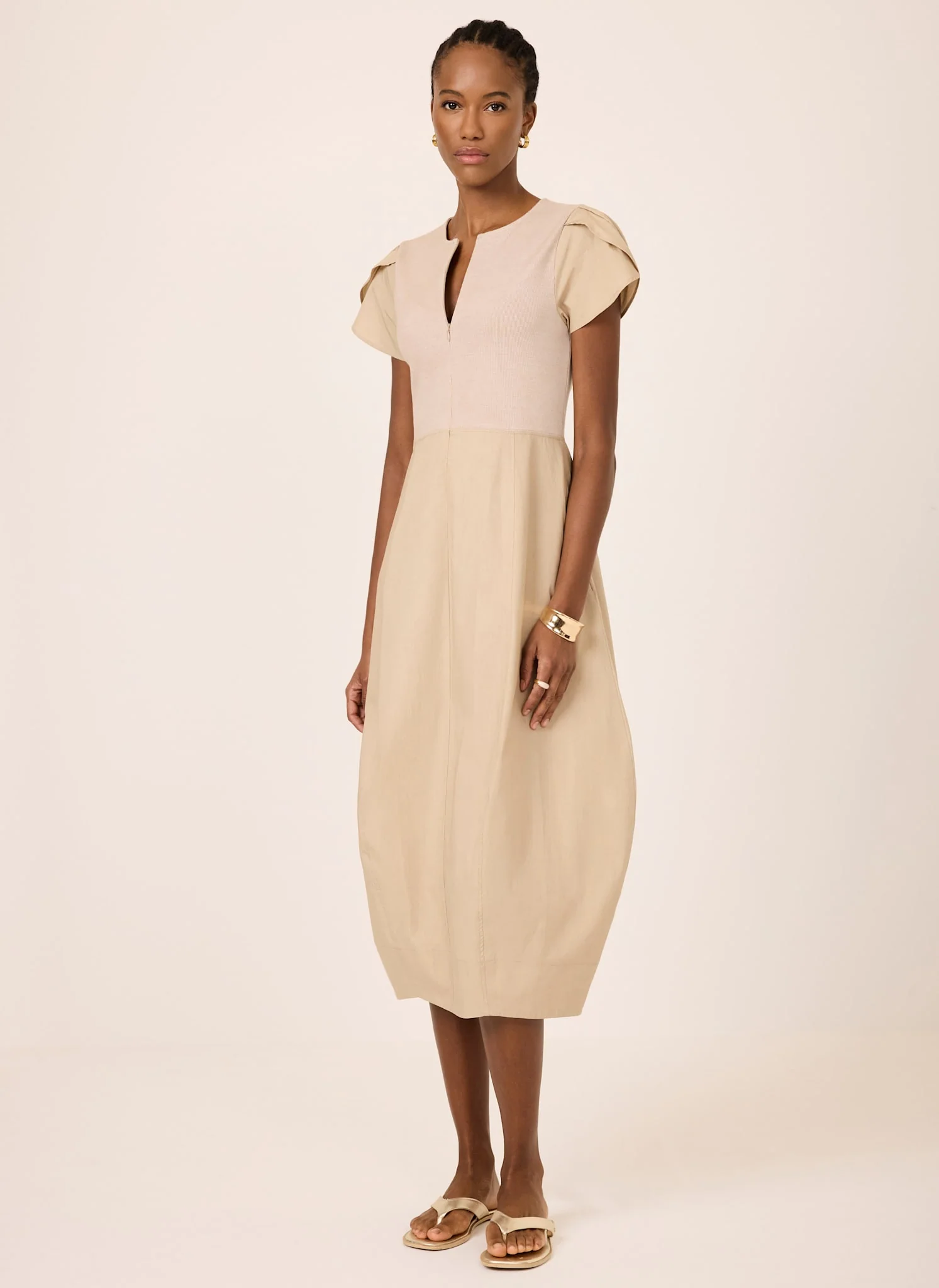 Neutral Cotton Blend Tulip Hem Midi Dress - Image 6