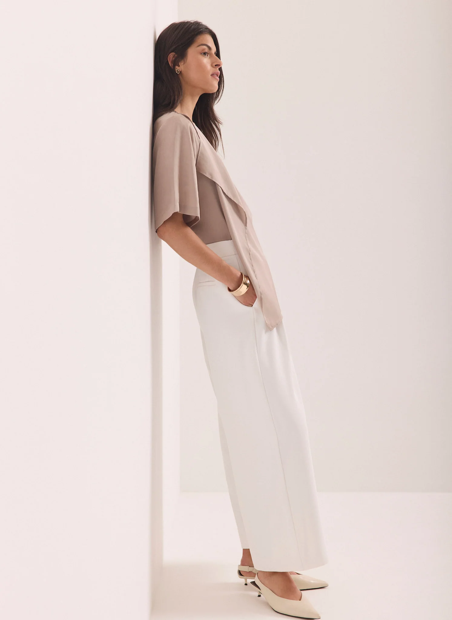 Neutral Satin Ruffle Front Top - Image 5