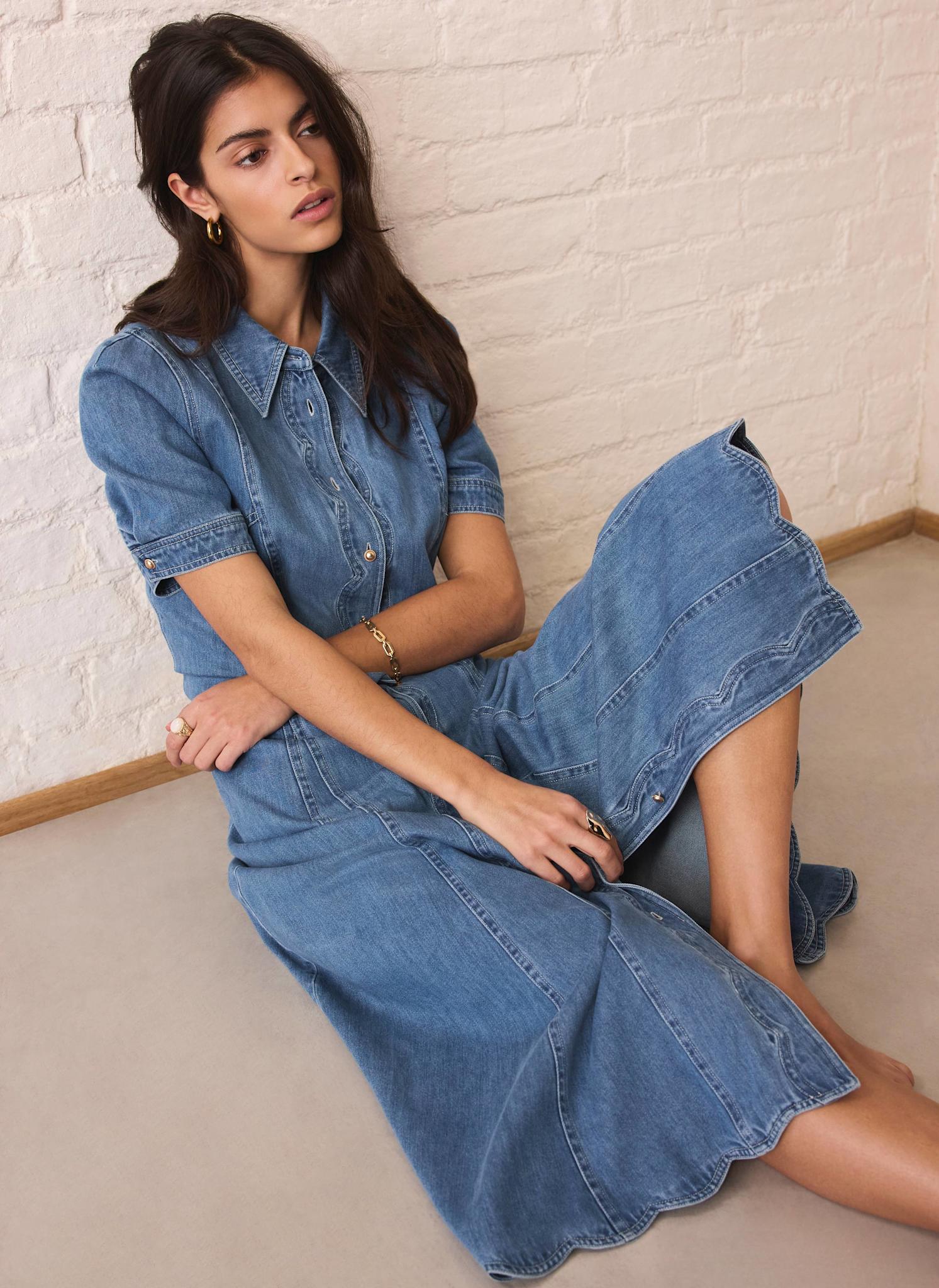 Indigo Denim Scallop Detail Midi Dress - Image 3