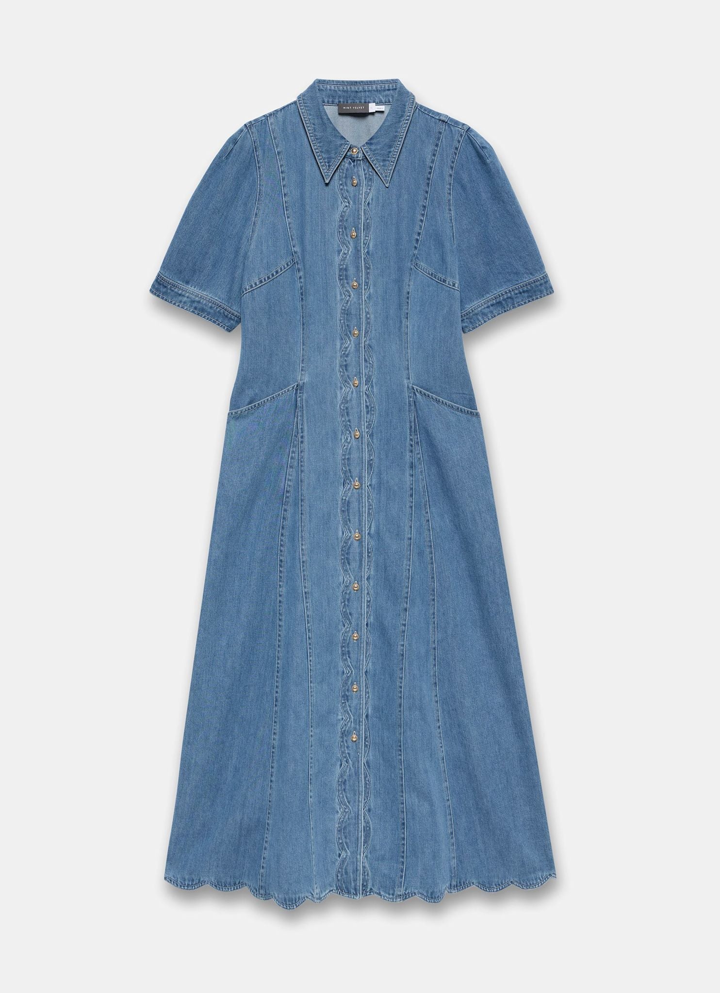 Indigo Denim Scallop Detail Midi Dress - Image 7