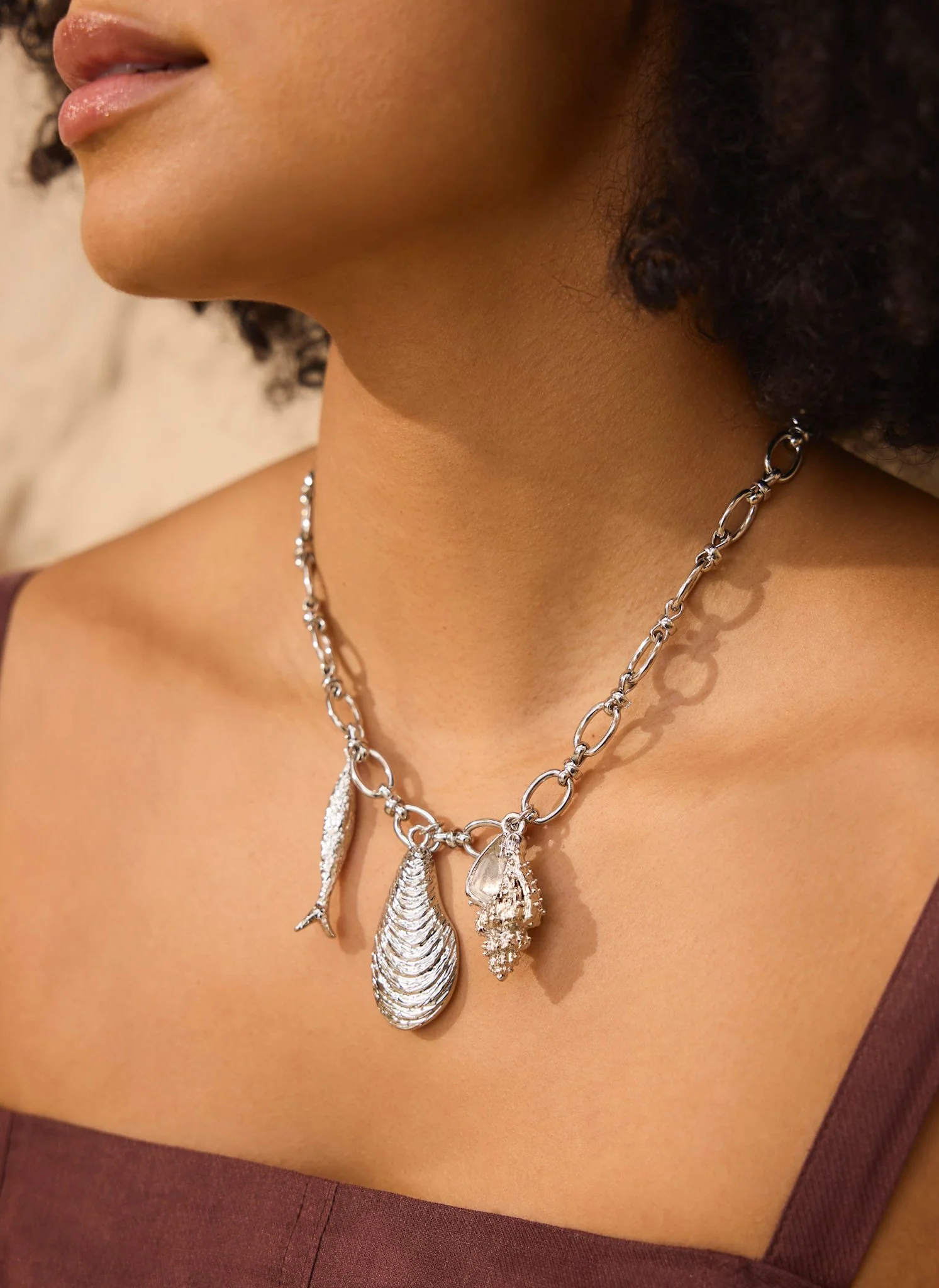 Silver Tone Shell Statement Charm Necklace - Image 3