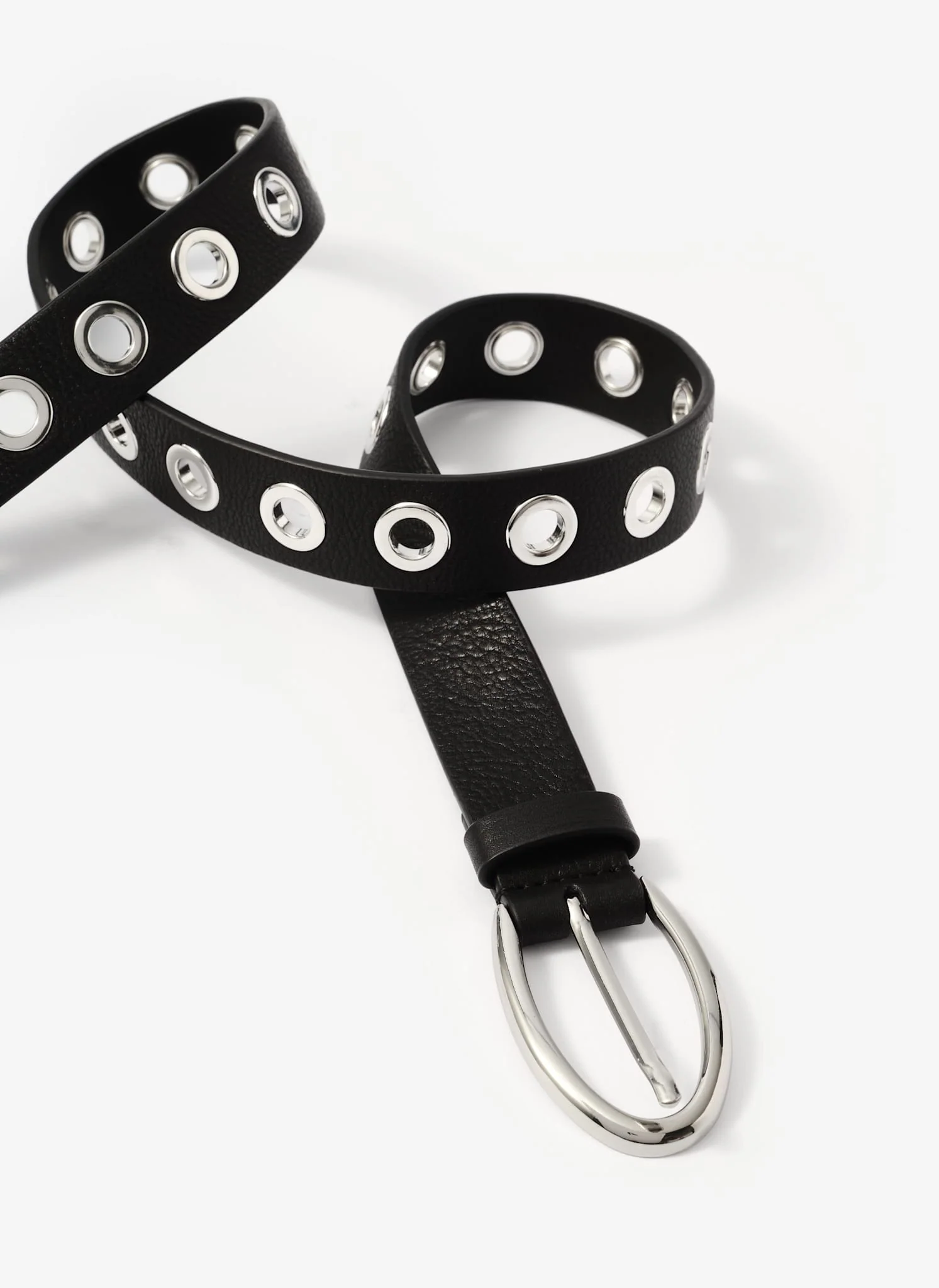 Black Leather Silver Tone Eyelet Belt - Image 3