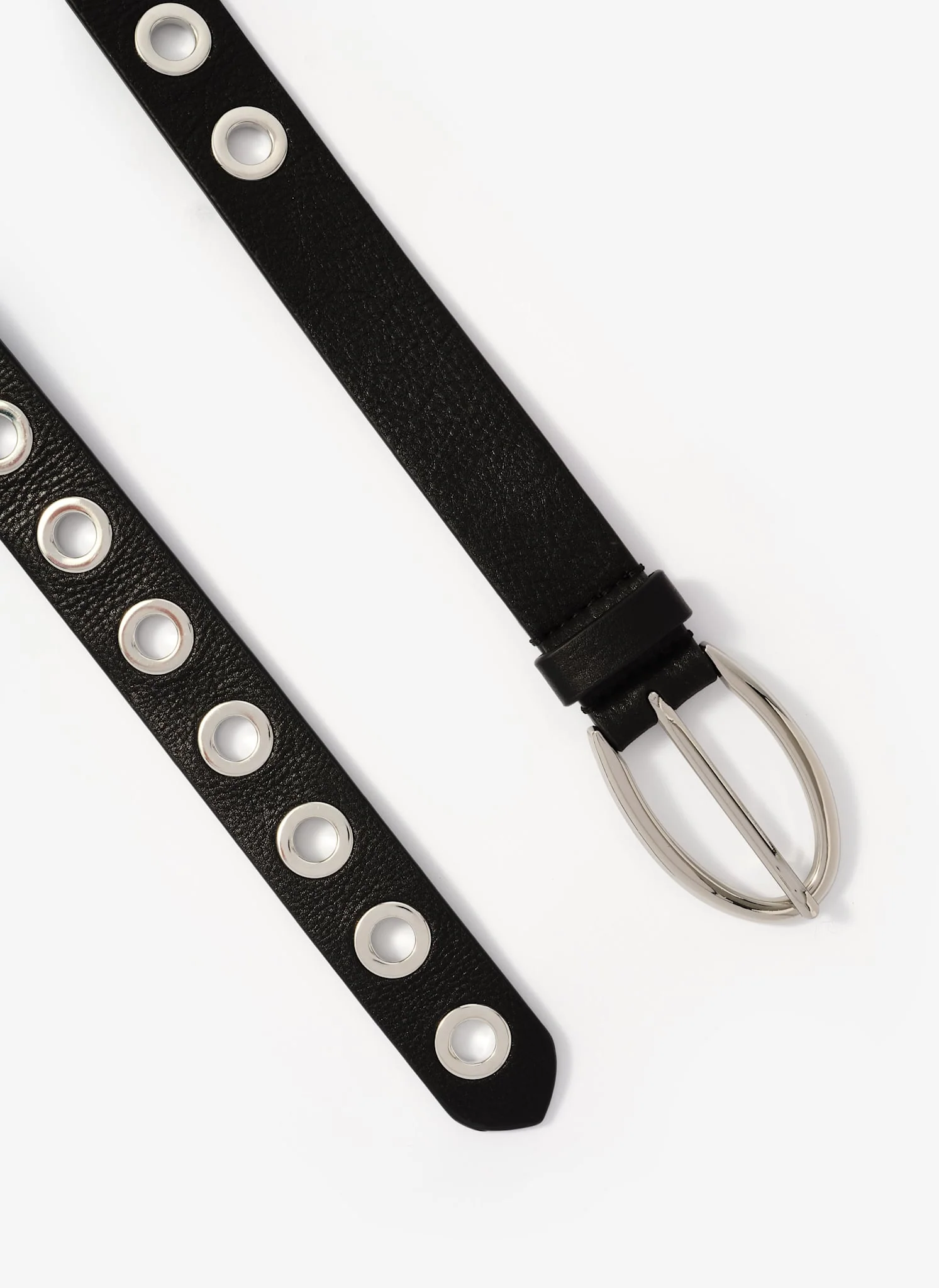 Black Leather Silver Tone Eyelet Belt - Image 4