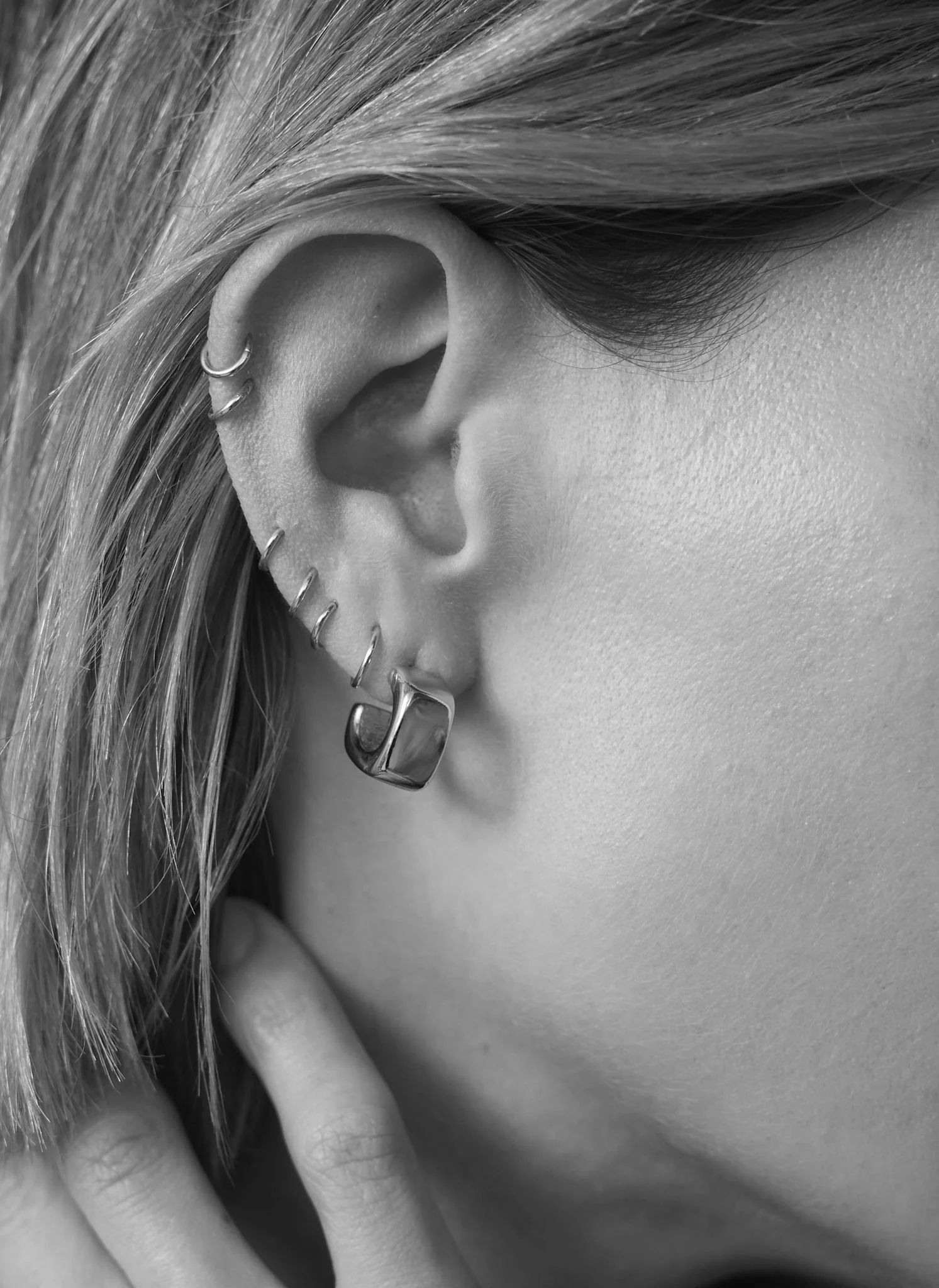 Silver Tone Mini Rounded Square Hoop Earrings - Image 2