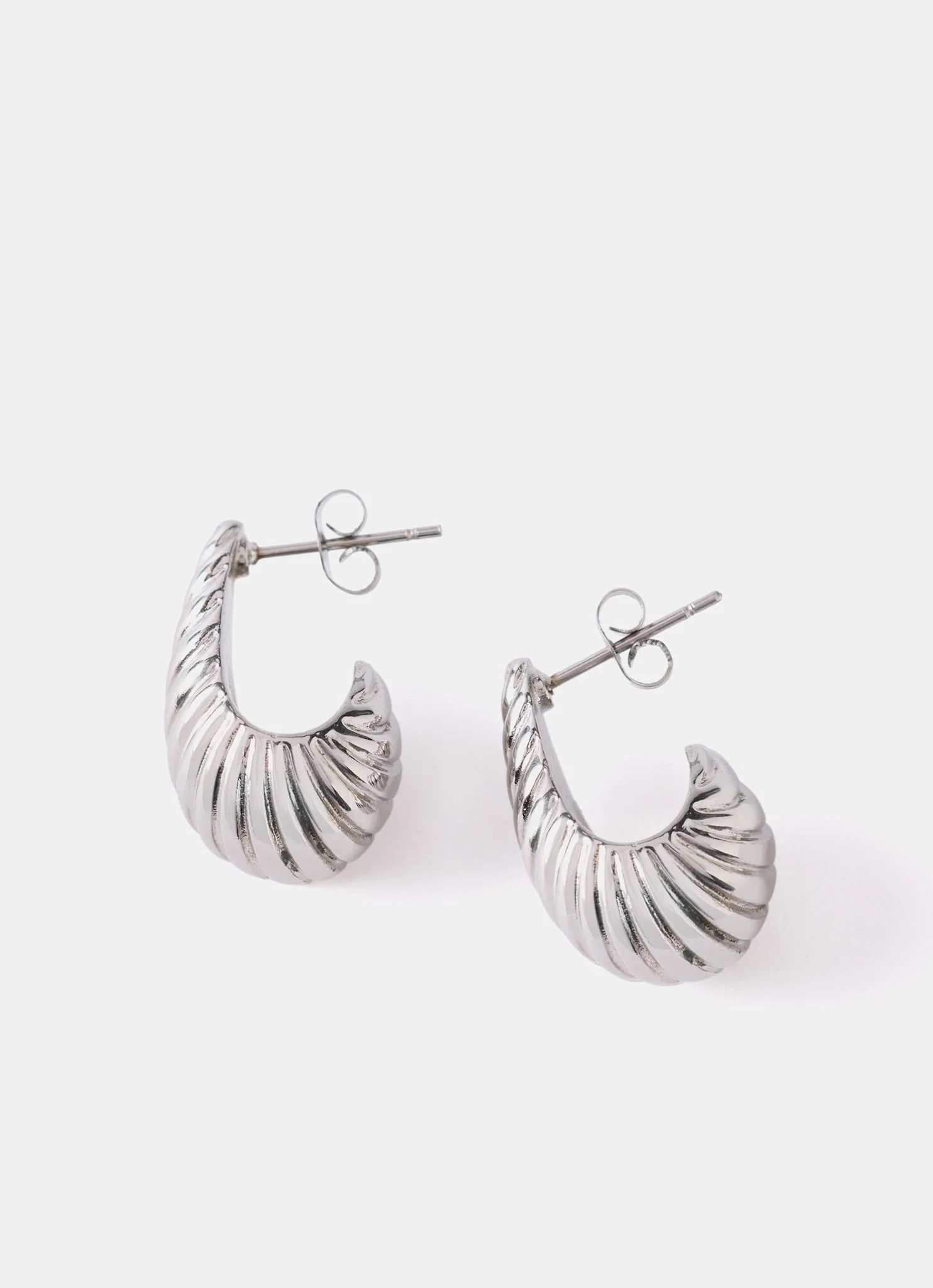 Silver Stainless Steel Ribbed Curve Earrings - Image 3
