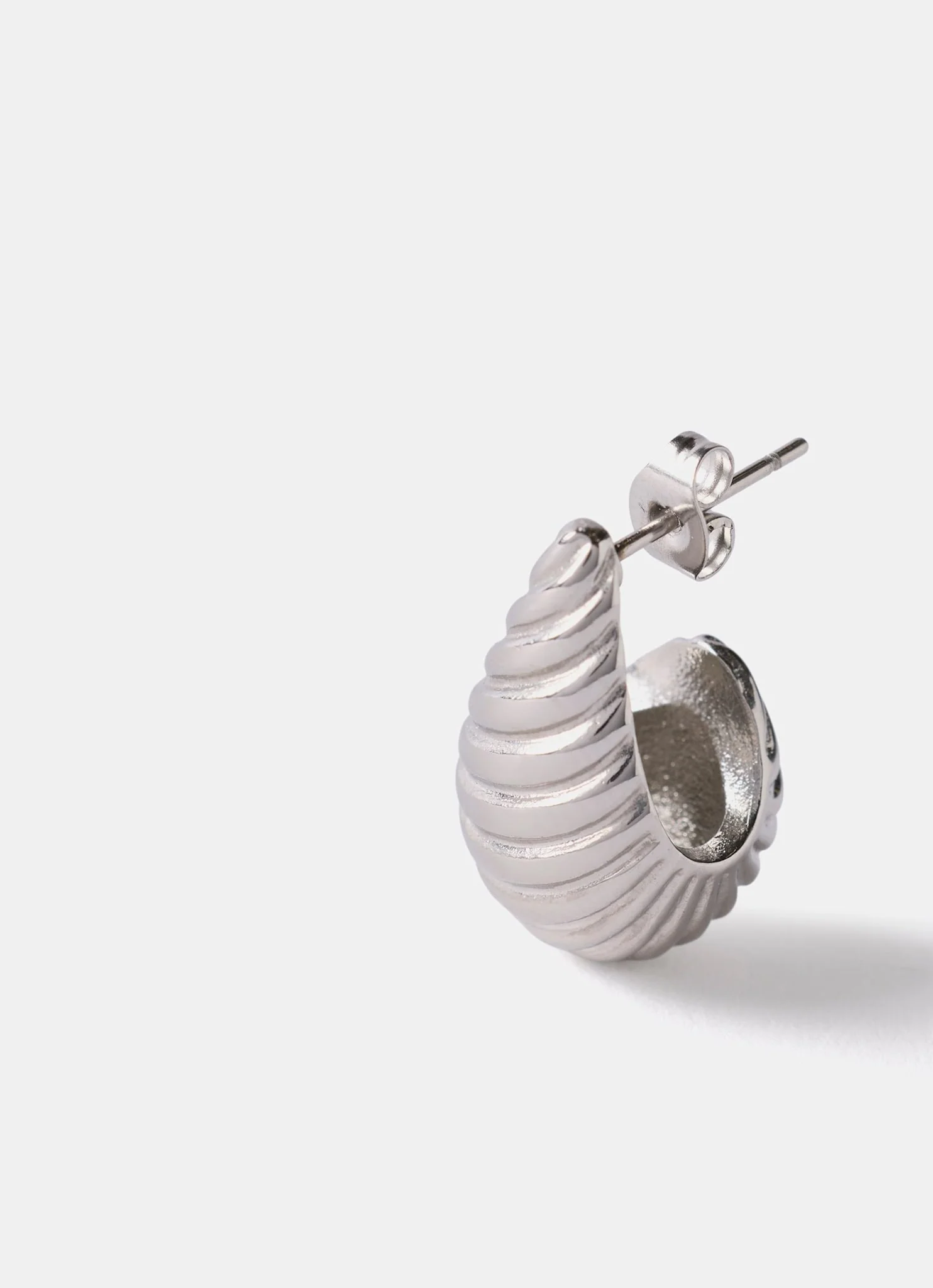 Silver Stainless Steel Ribbed Curve Earrings - Image 4