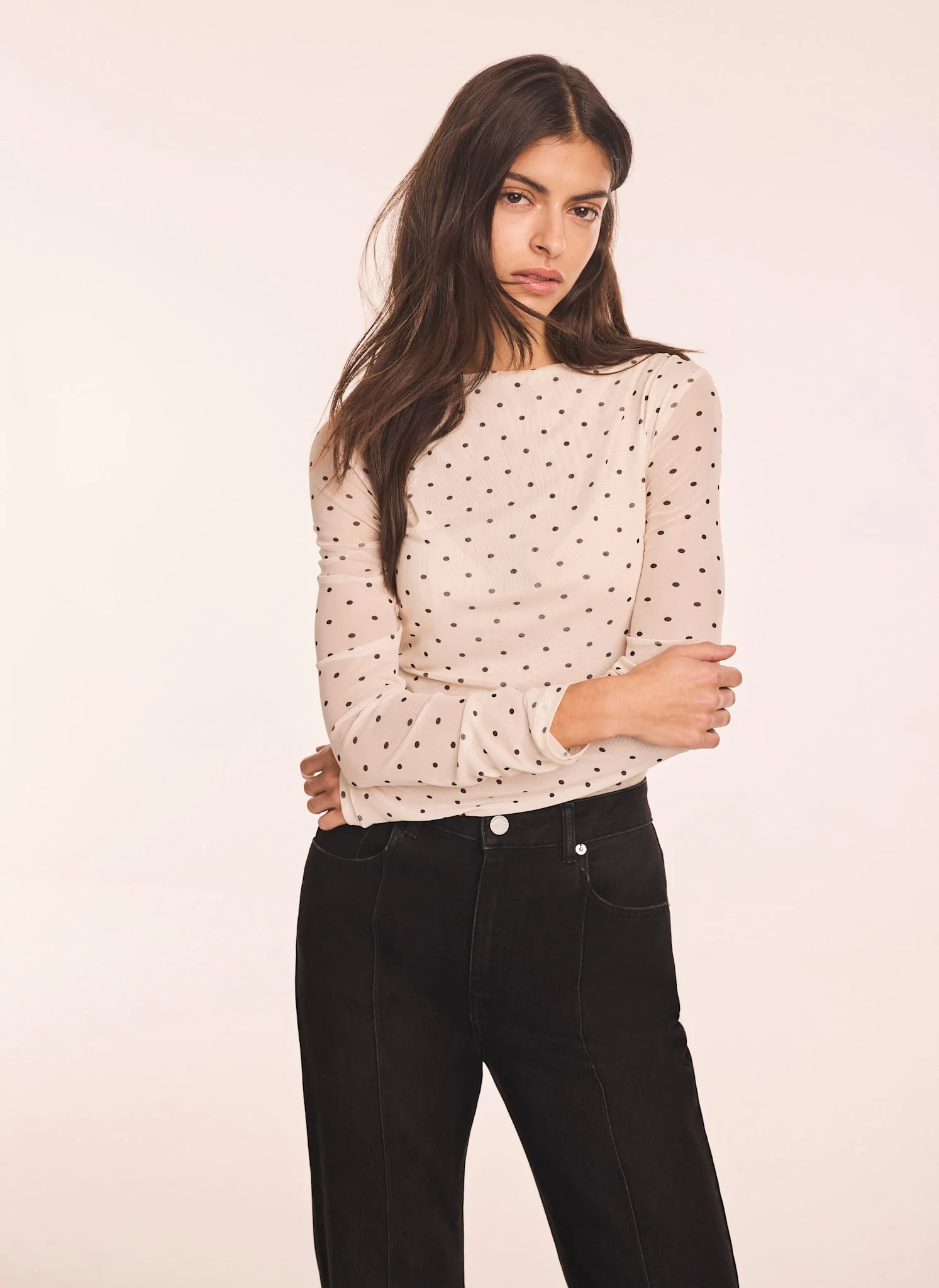 Cream Polka Dot Print Mesh Top - Image 2