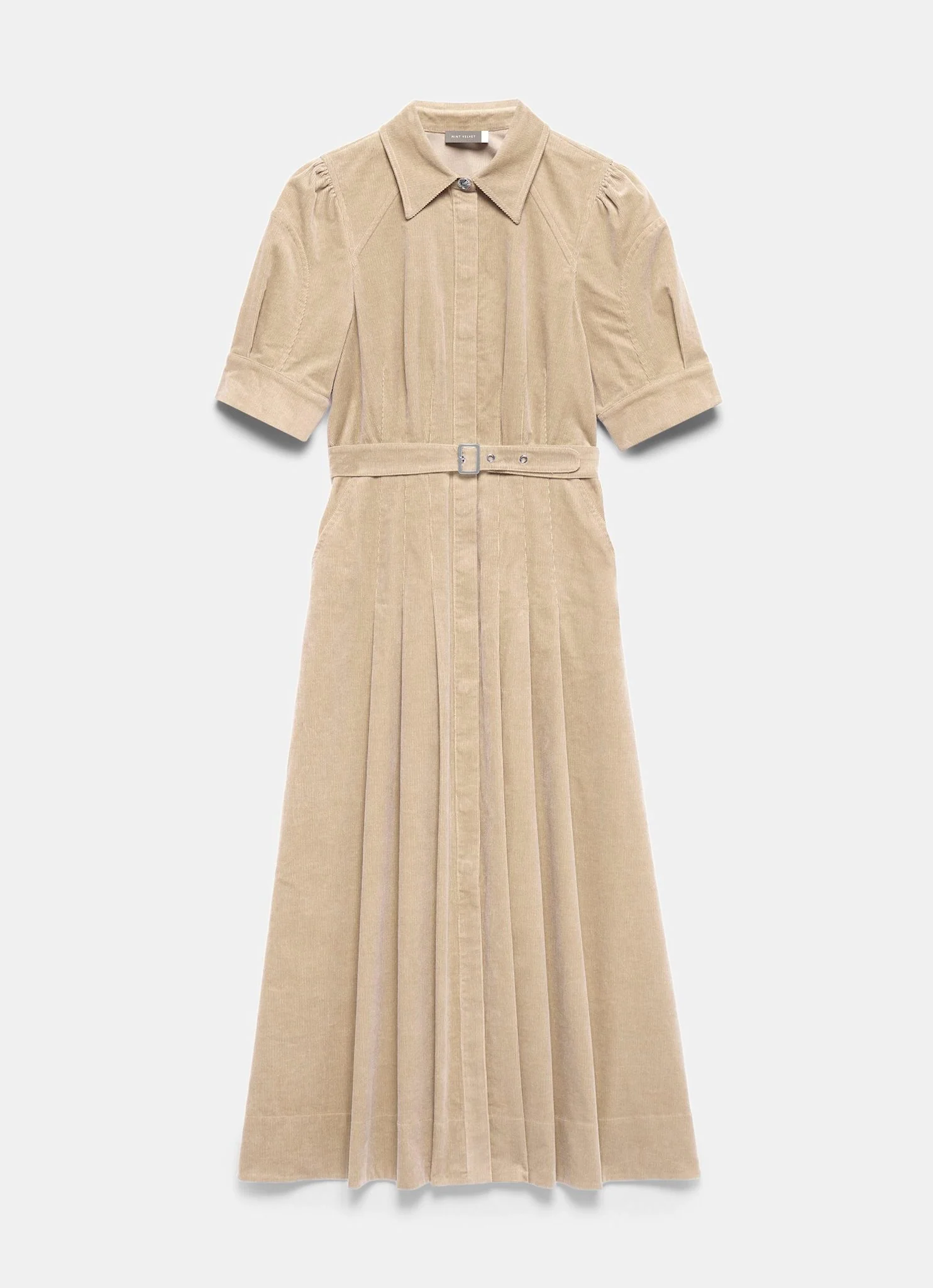 Neutral Corduroy Belted Midi Dress - Image 7