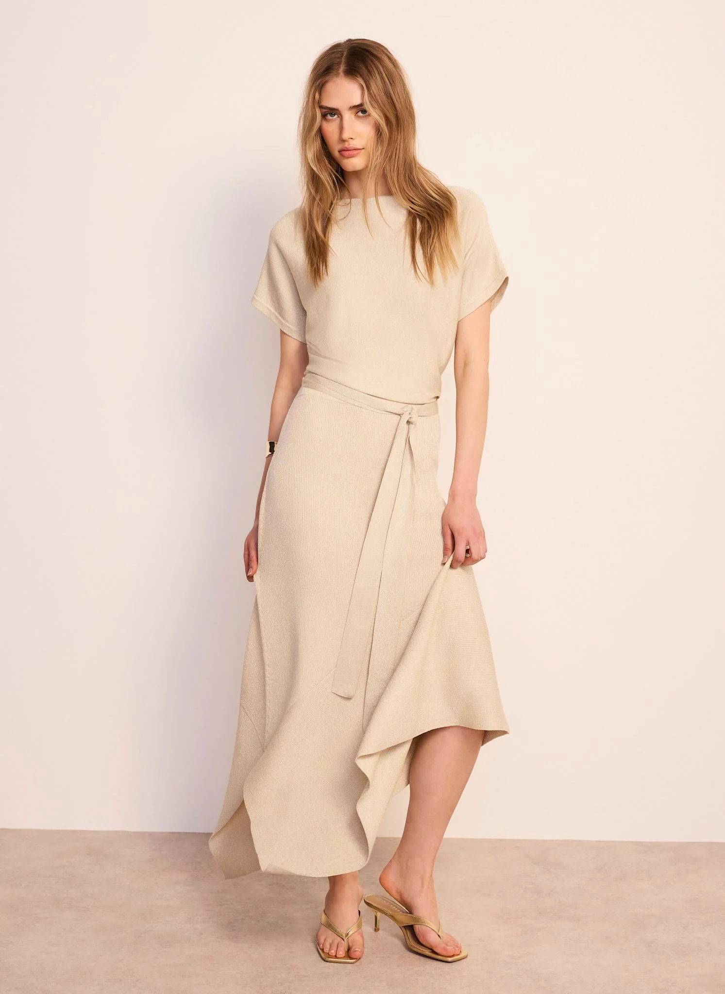 Neutral Metallic Asymmetric Knit Midi Dress - Image 3