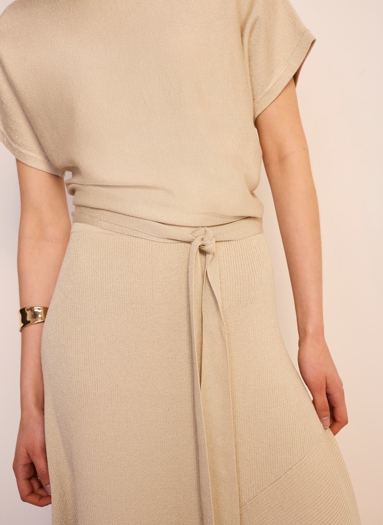 Neutral Metallic Asymmetric Knit Midi Dress - Image 4