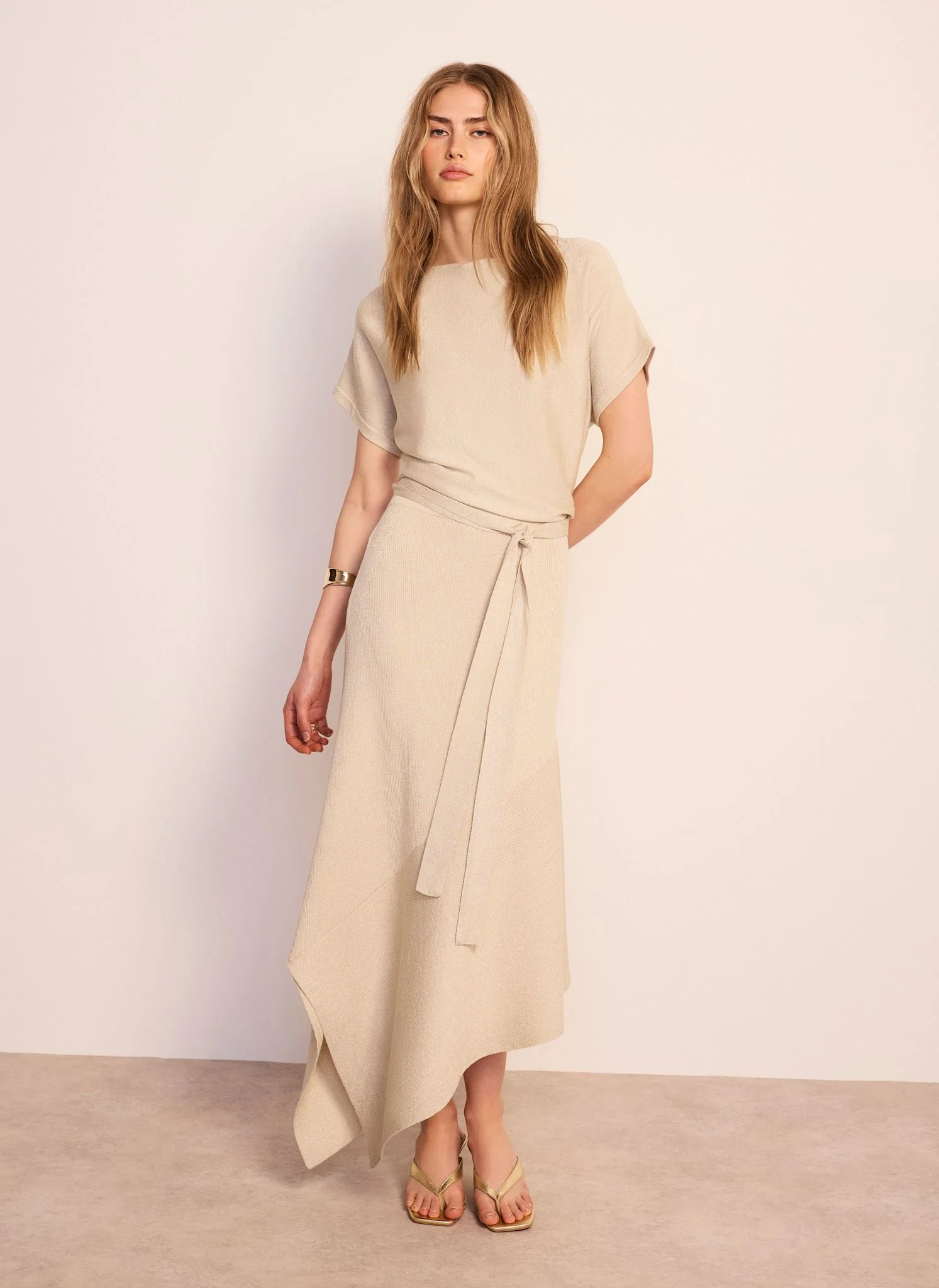 Neutral Metallic Asymmetric Knit Midi Dress - Image 6
