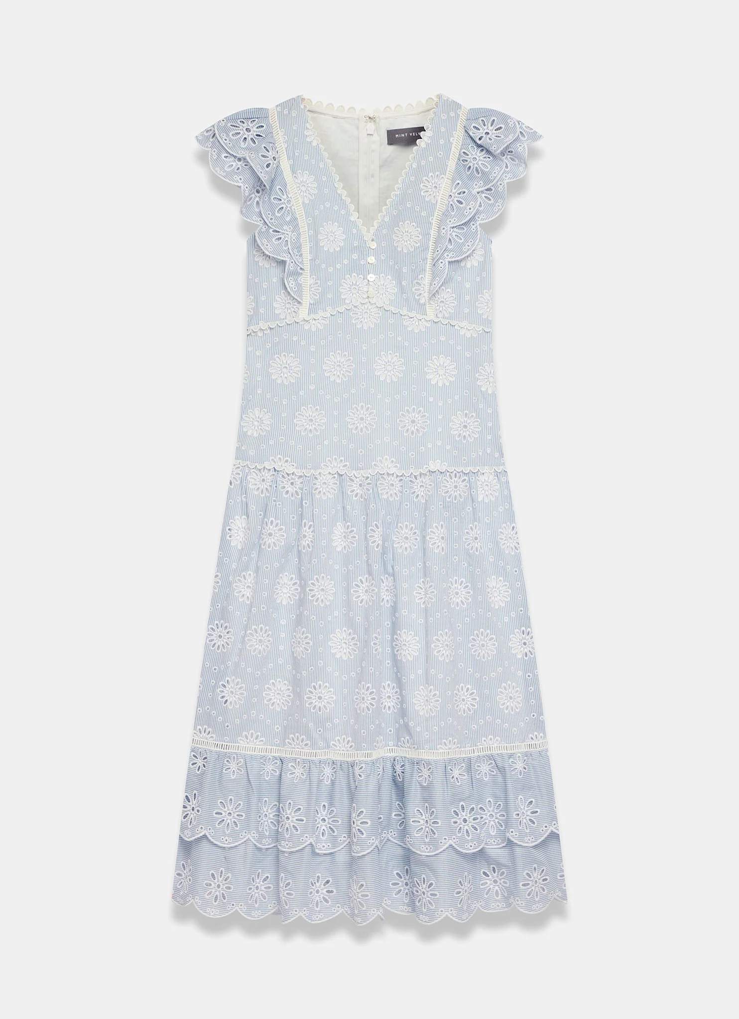 Blue Striped Cotton Broderie Midi Dress - Image 6
