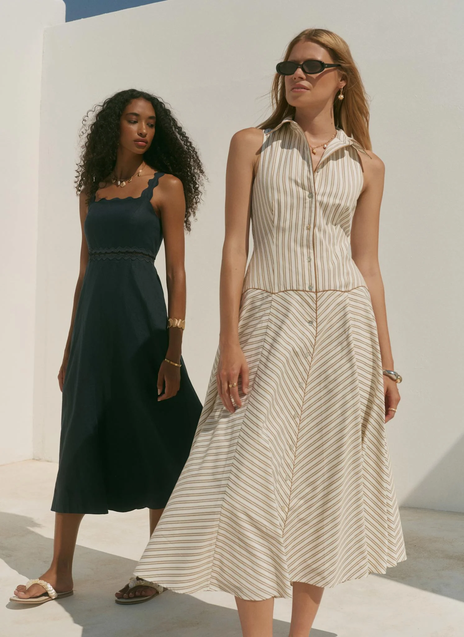 Neutral Cotton Blend Striped Midi Dress - Image 3