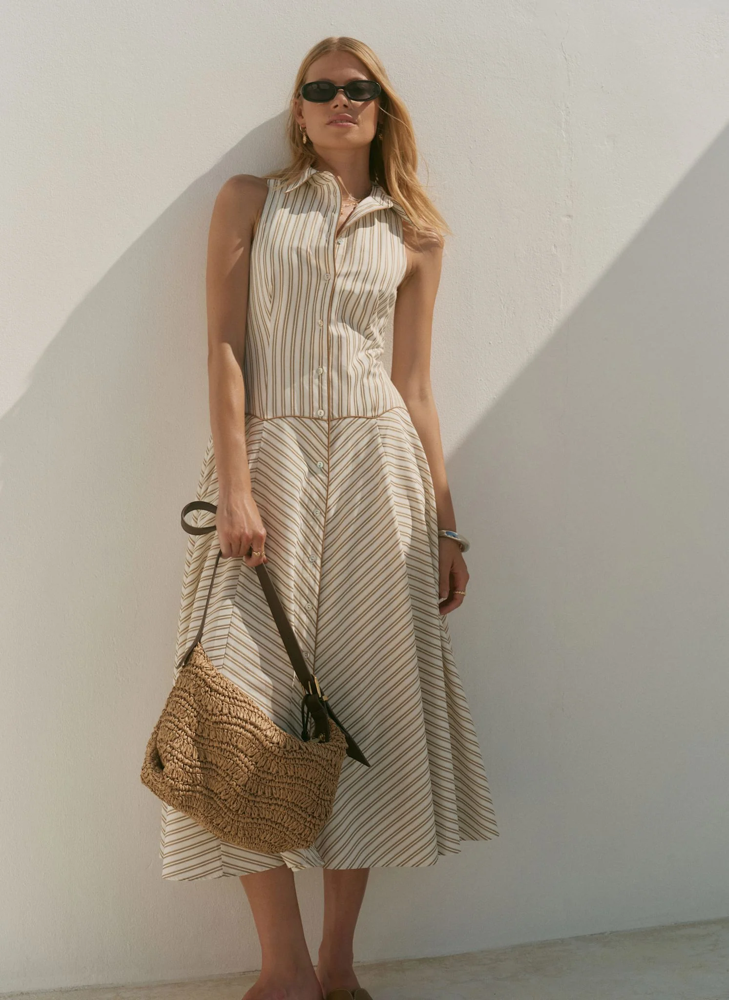 Neutral Cotton Blend Striped Midi Dress - Image 5